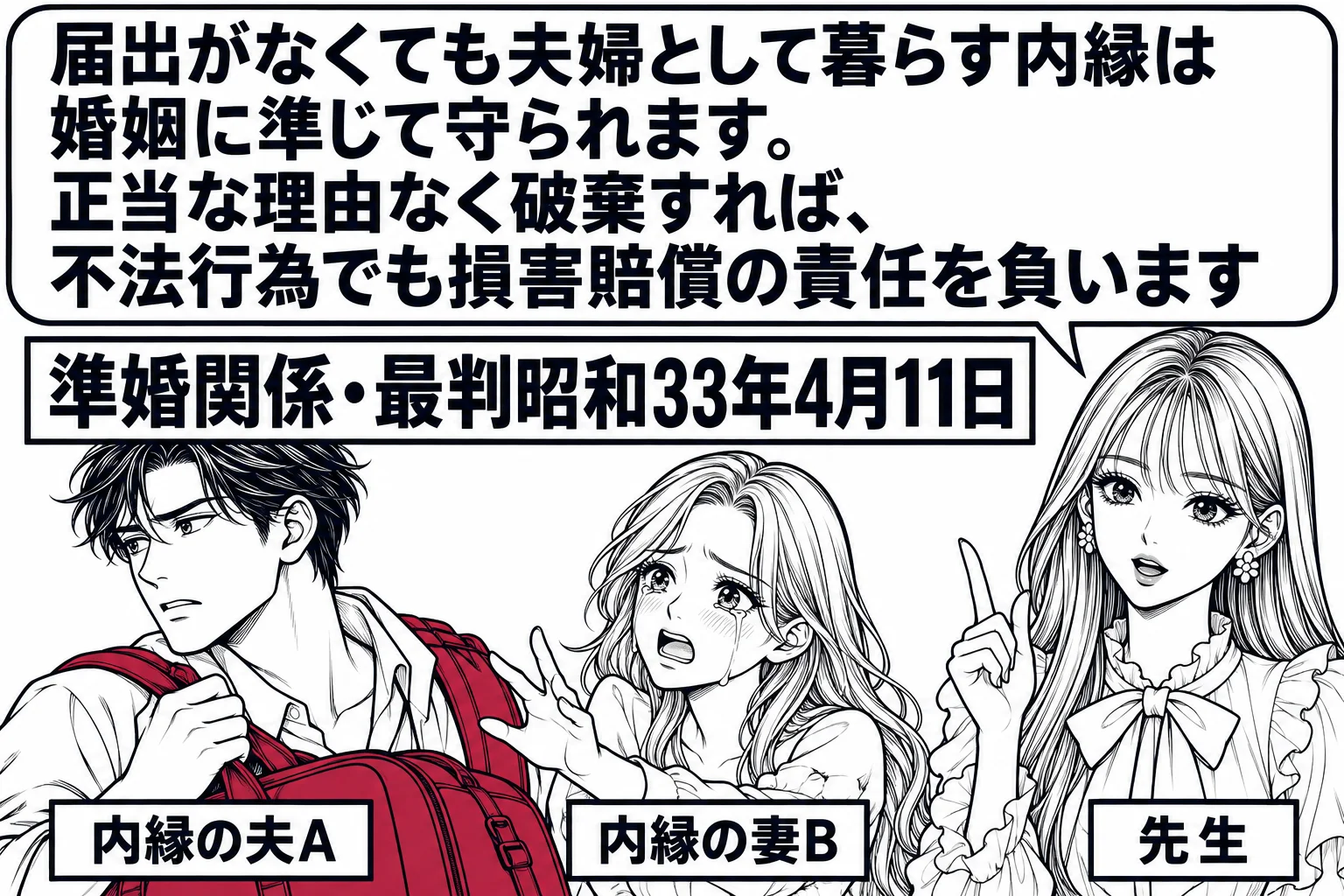 アパートの一室の場面。婚姻届は出していないが長年一緒に暮らす男女（札「内縁の夫A」「内縁の妻B」）。Aが荷物をまとめて出て行こうとしており、Bが涙ぐんでいる。先生が説明役（札「先生」）で立ち、吹き出し「届出がなくても夫婦として暮らす内縁は婚