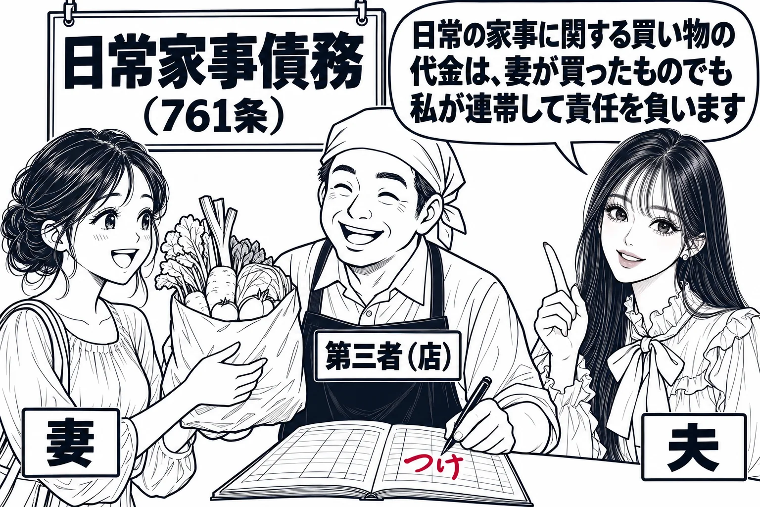 商店街の八百屋の店先。女性（札「妻」）が野菜の入った袋を受け取り、店主の男性（札「第三者（店）」）が帳面に「つけ」と書いている。少し離れて先生が夫役（札「夫」）で立っている。先生の吹き出し「日常の家事に関する買い物の代金は、妻が買ったもので