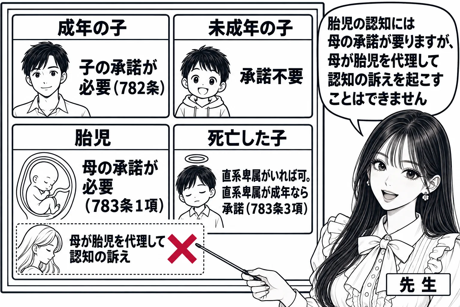 板書の図解の場面。黒板に四つの箱。「成年の子」の箱に「子の承諾が必要（782条）」、「未成年の子」の箱に「承諾不要」、「胎児」の箱に「母の承諾が必要（783条1項）」、「死亡した子」の箱に「直系卑属がいれば可。直系卑属が成年なら承諾（783