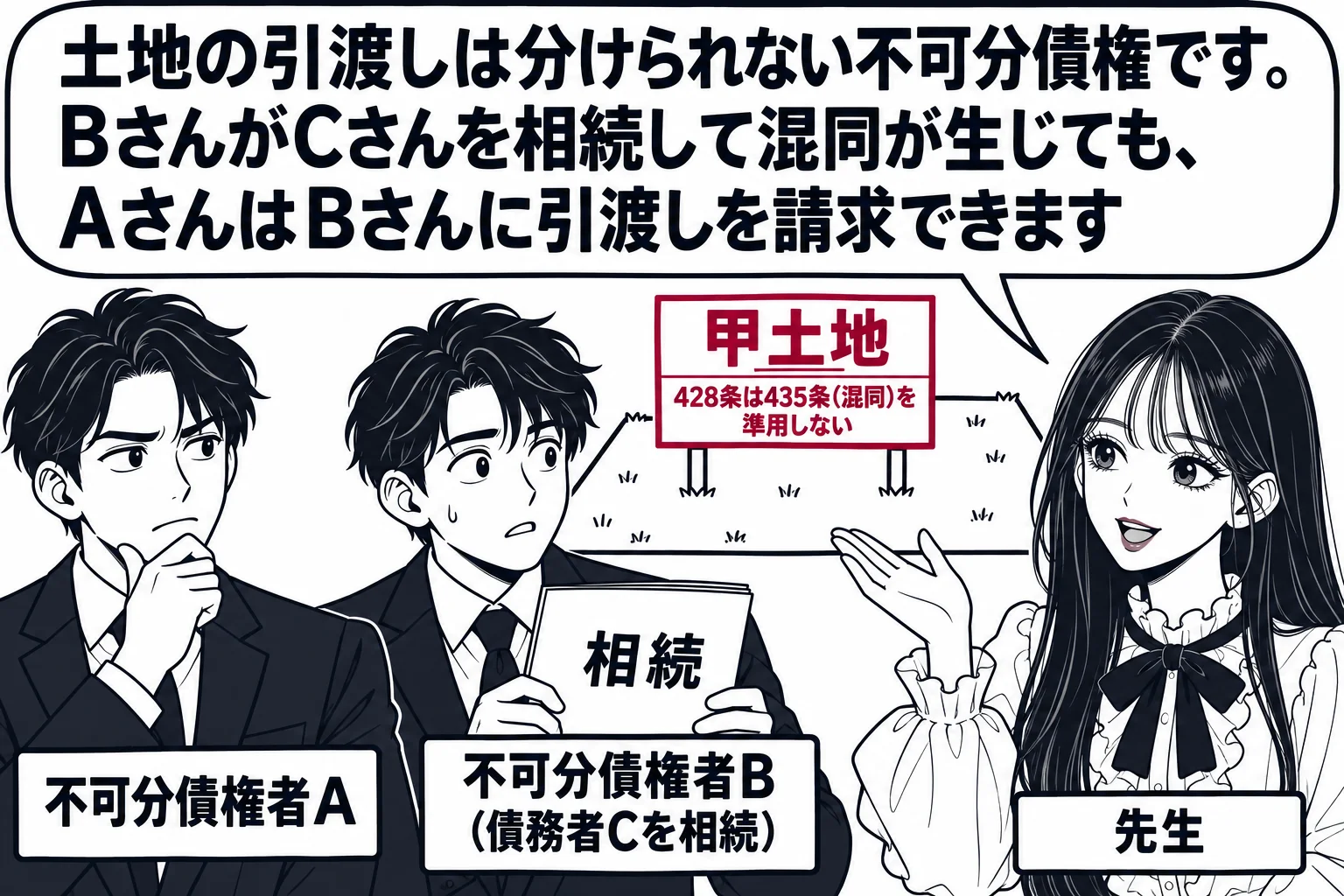 更地の土地の前の場面。土地に「甲土地」の立札。男性（札「不可分債権者A」）と男性（札「不可分債権者B（債務者Cを相続）」）が立っている。Bの手に「相続」と書いた書類。先生が説明役（札「先生」）。先生の吹き出し「土地の引渡しは分けられない不可