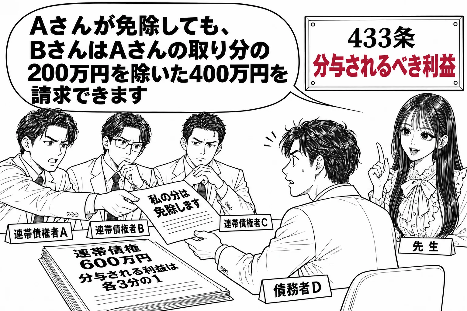 会社の会議室の場面。テーブルの一方に三人（札「連帯債権者A」「連帯債権者B」「連帯債権者C」）、向かいに男性（札「債務者D」）。テーブルの上に「連帯債権 600万円 分与される利益は各3分の1」と書いた契約書。Aが「私の分は免除します」と書