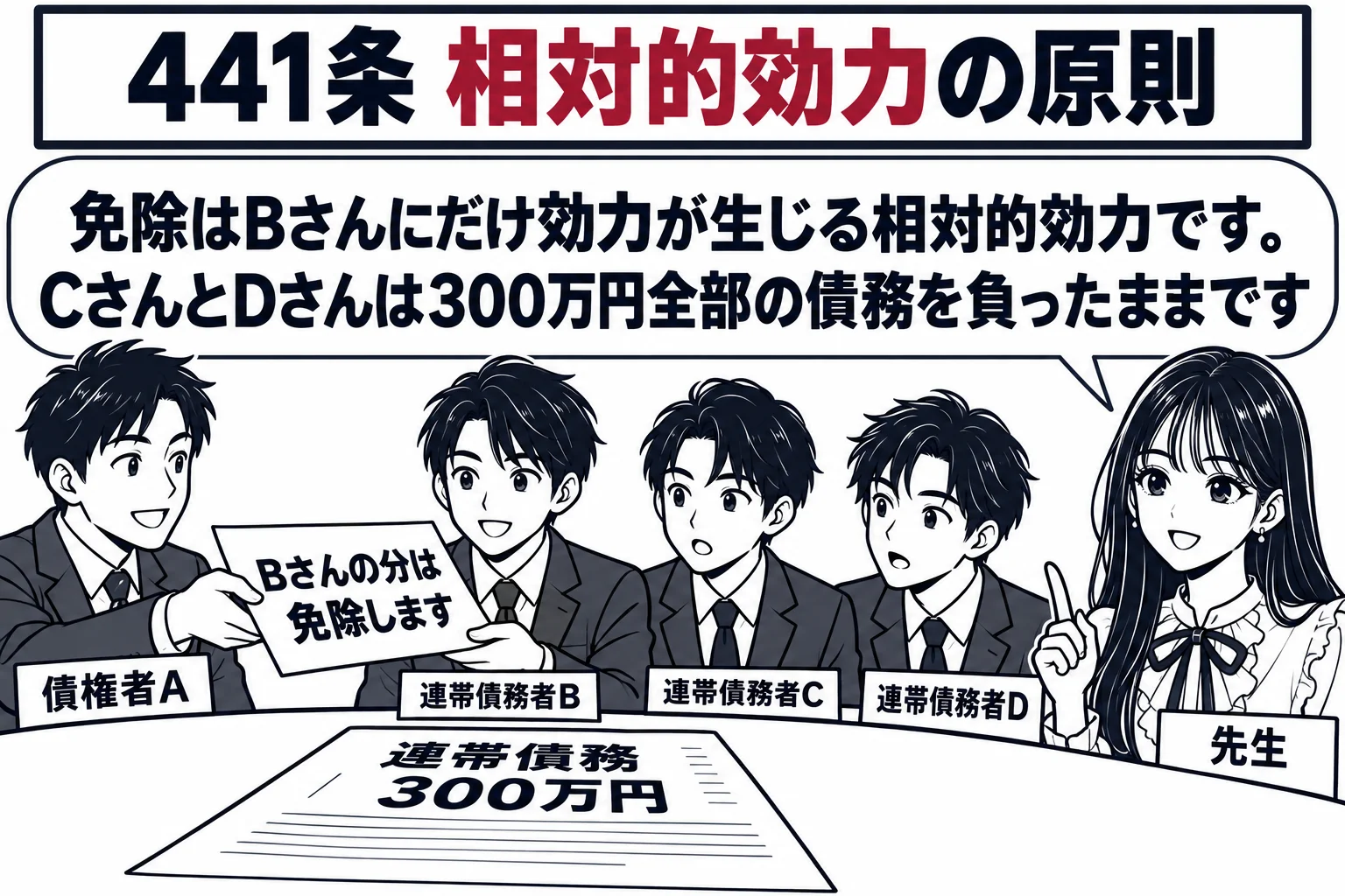 金融会社の応接室の場面。テーブルの向こうに男性（札「債権者A」）。手前に三人が並ぶ（札「連帯債務者B」「連帯債務者C」「連帯債務者D」）。テーブルの上に「連帯債務 300万円」と書いた契約書。Aが「Bさんの分は免除します」と書いた紙をBに渡