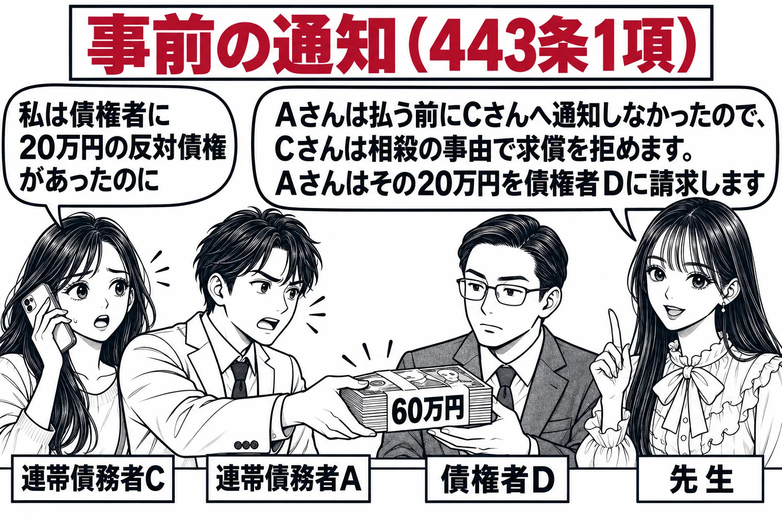 銀行の窓口の場面。窓口に男性（札「連帯債務者A」）が60万円を差し出している。後ろの電話で女性（札「連帯債務者C」）が「私は債権者に20万円の反対債権があったのに」と言っている。窓口の中に男性（札「債権者D」）。先生が説明役（札「先生」）。