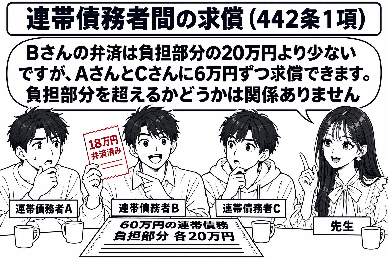 喫茶店のテーブルの場面。三人が座っている（札「連帯債務者A」「連帯債務者B」「連帯債務者C」）。Bの前に「60万円の連帯債務 負担部分 各20万円」と書いたメモと「18万円 弁済済み」の領収書。Bが領収書を見せている。先生が説明役（札「先生