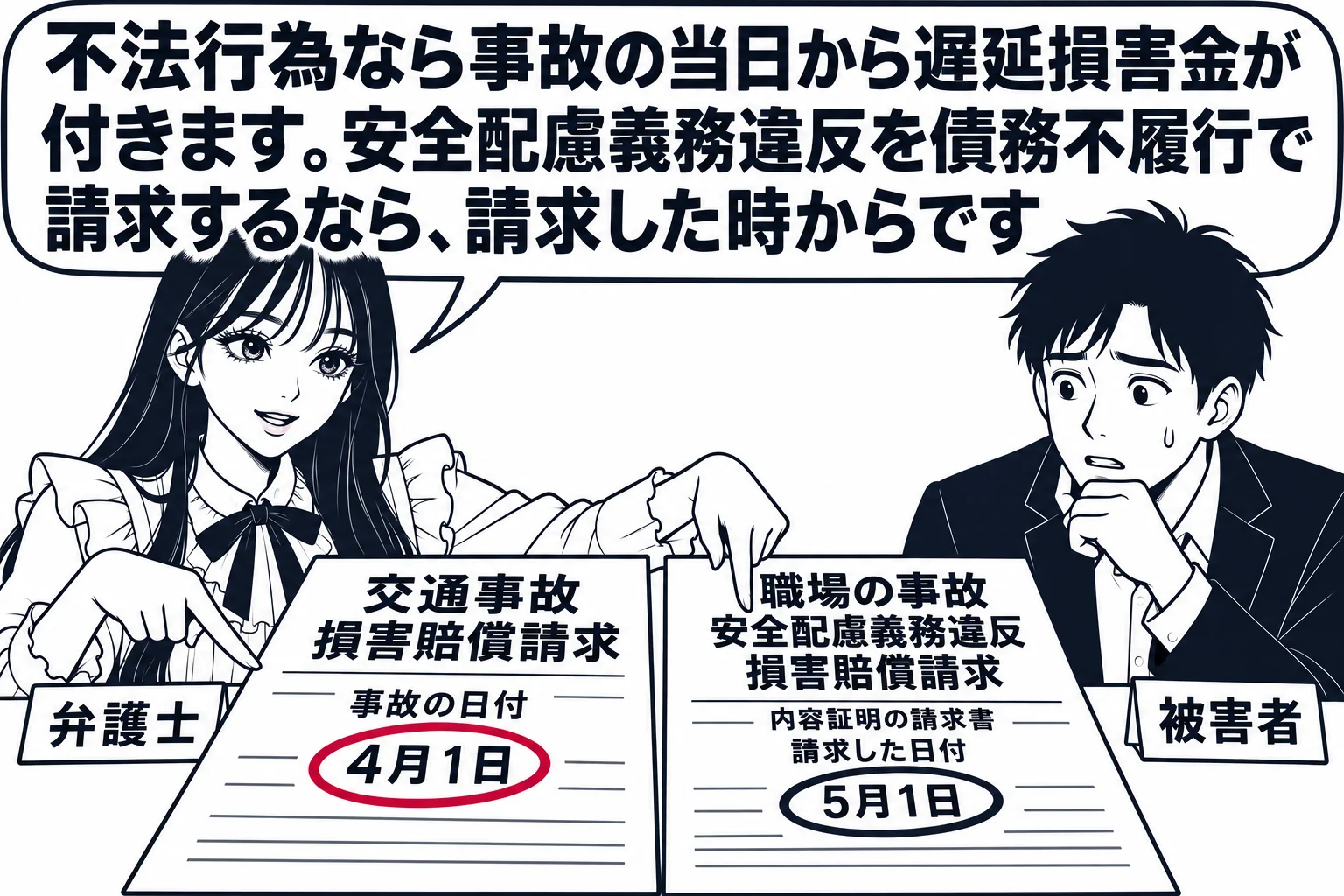法律事務所の相談室の場面。机の上に二つの書類が並ぶ。左は「交通事故 損害賠償請求」で、事故の日付に丸印。右は「職場の事故 安全配慮義務違反 損害賠償請求」で、内容証明の請求書の日付に丸印。先生が弁護士役（札「弁護士」）で、二つの書類を指し示