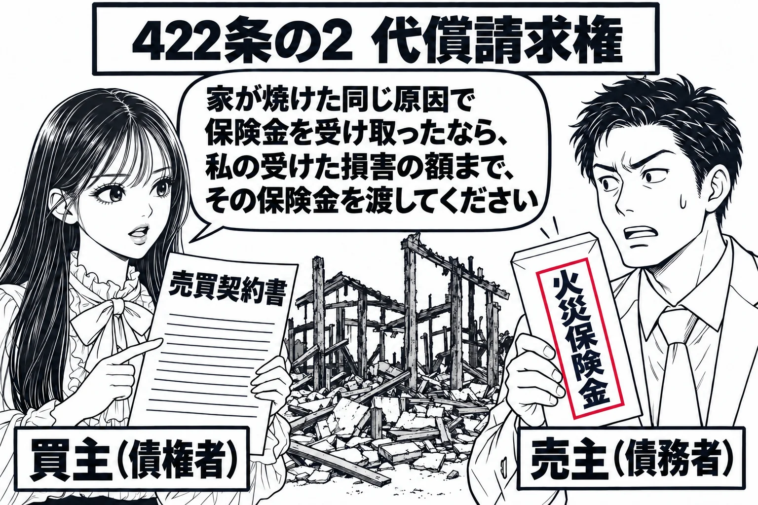 焼け跡の前の場面。焼け落ちた家屋の前に、男性（札「売主（債務者）」）が保険会社の封筒（「火災保険金」）を手にして立っている。先生が買主役（札「買主（債権者）」）でその前に立ち、売買契約書を見せている。先生の吹き出し「家が焼けた同じ原因で保険