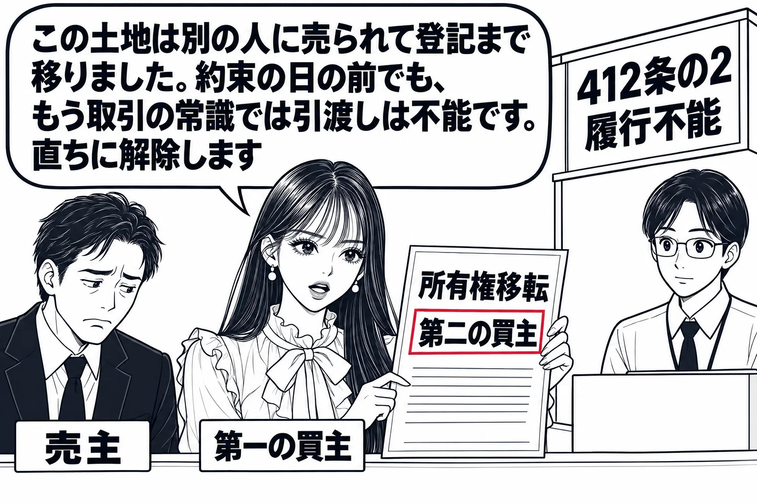 登記所の窓口の場面。窓口のカウンターに登記簿の写し（「所有権移転 第二の買主」）。先生が第一の買主役（札「第一の買主」）で写しを手に持ち、隣に男性（札「売主」）がうつむいて立っている。窓口の奥に職員。先生の吹き出し「この土地は別の人に売られ