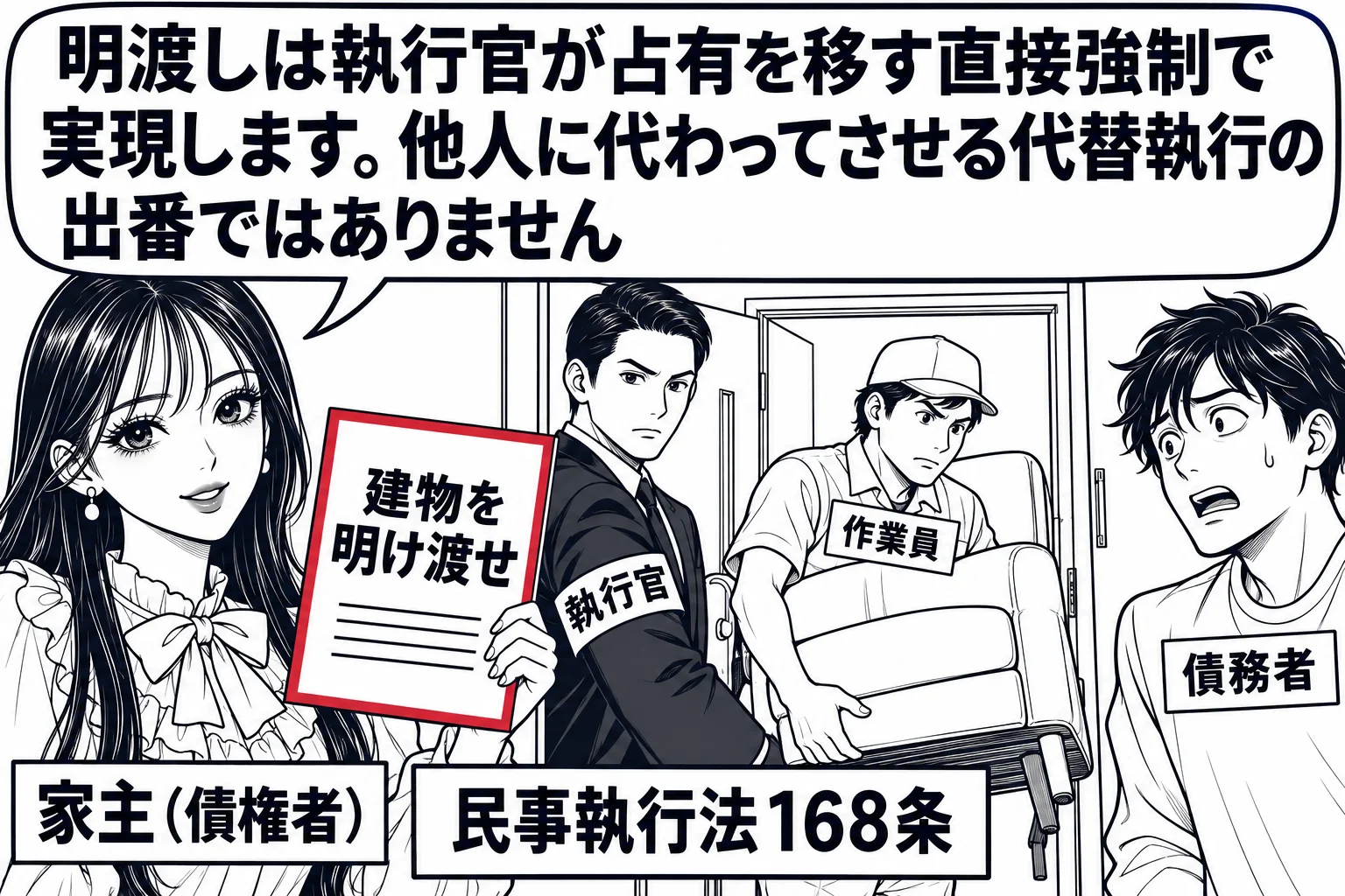 アパートの一室の前の場面。執行官の腕章を付けた人物が扉の前に立ち、作業員が家具を運び出している。先生が債権者役（札「家主（債権者）」）で判決書（「建物を明け渡せ」）を手に立ち会っている。廊下の端に男性（札「債務者」）が立っている。先生の吹き