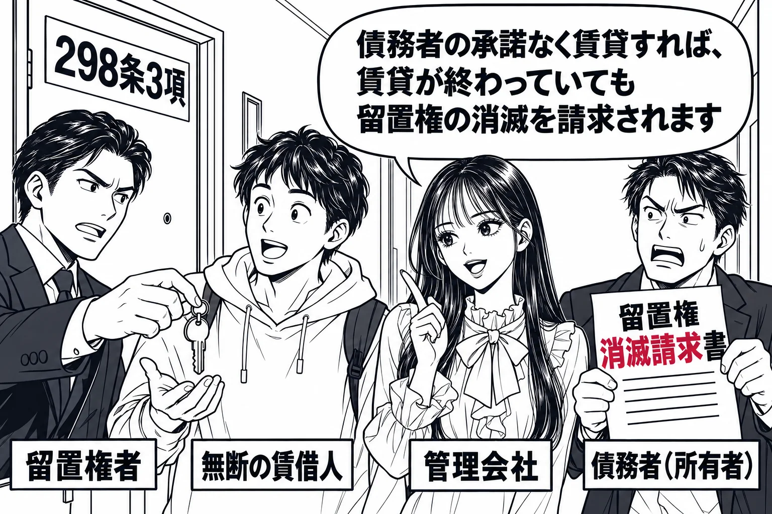 アパートの一室の玄関の場面。玄関先に男性（札「留置権者」）が見知らぬ男性（札「無断の賃借人」）に鍵を渡している。廊下の端で所有者の男性（札「債務者（所有者）」）が書面「留置権消滅請求書」を手にしている。先生が管理会社の担当者役（札「管理会社