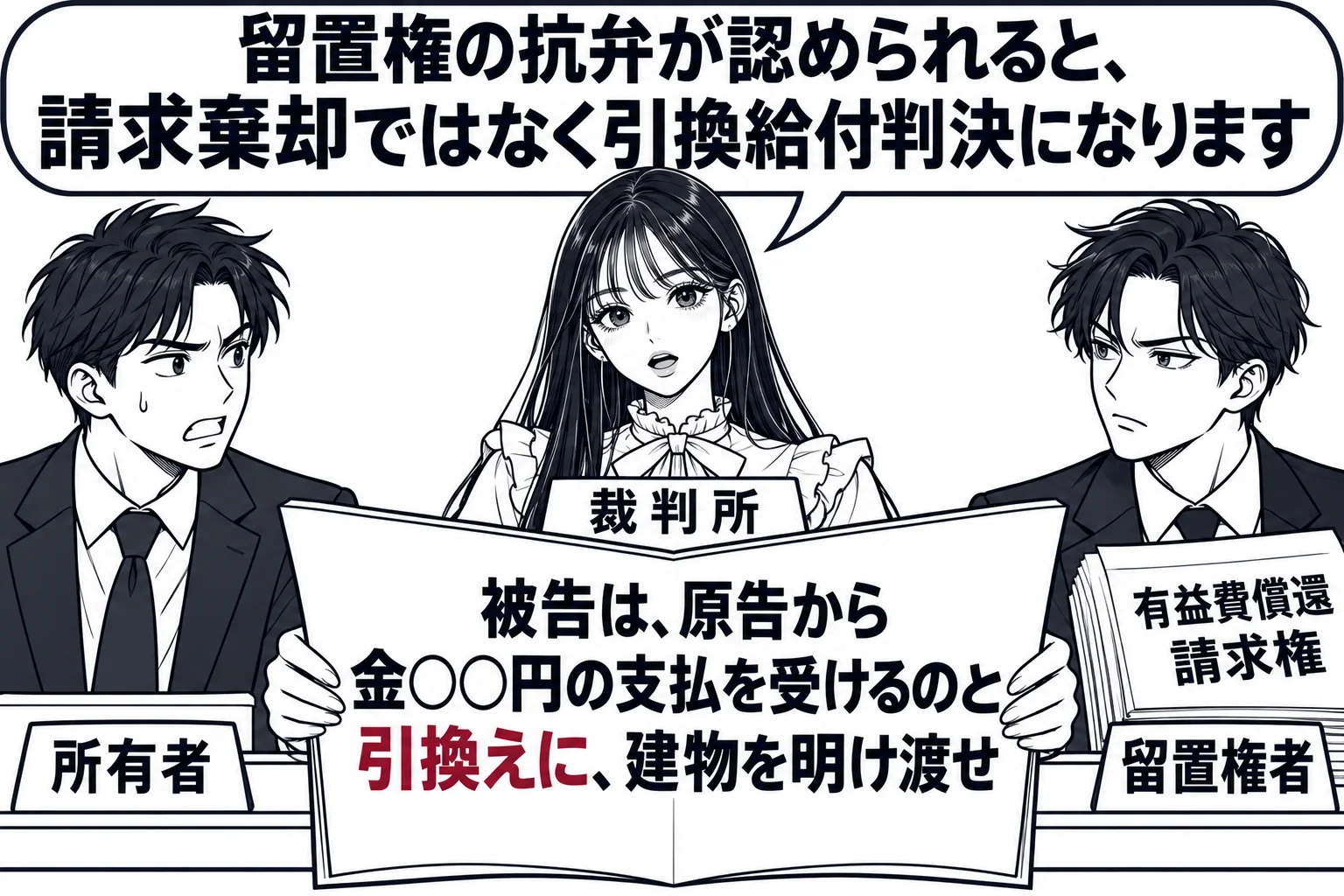 法廷の場面。原告席の男性（札「所有者」）と被告席の男性（札「留置権者」）。被告席の机に「有益費償還請求権」の書類。先生が裁判官役（札「裁判所」）で判決書を読み上げている。判決書の文字「被告は、原告から金○○円の支払を受けるのと引換えに、建物