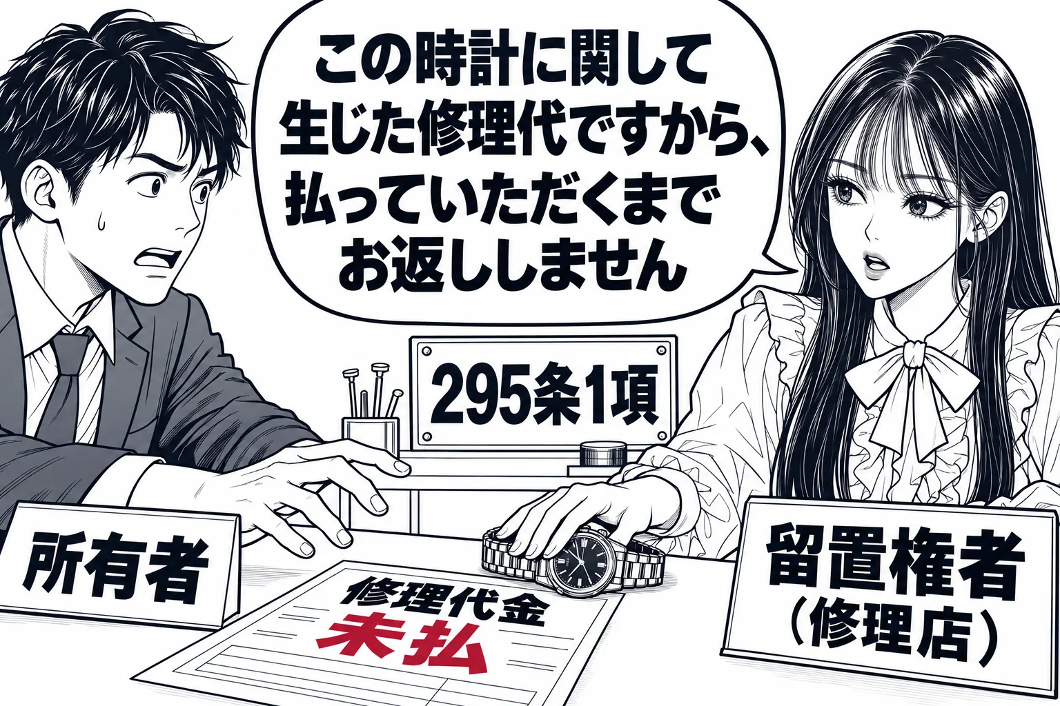 時計修理店のカウンターの場面。カウンターの上に修理済みの腕時計と「修理代金 未払」の伝票。客の男性（札「所有者」）が手を伸ばしているが、店主役の先生（札「留置権者（修理店）」）が時計の上に手を置いている。先生の吹き出し「この時計に関して生じ