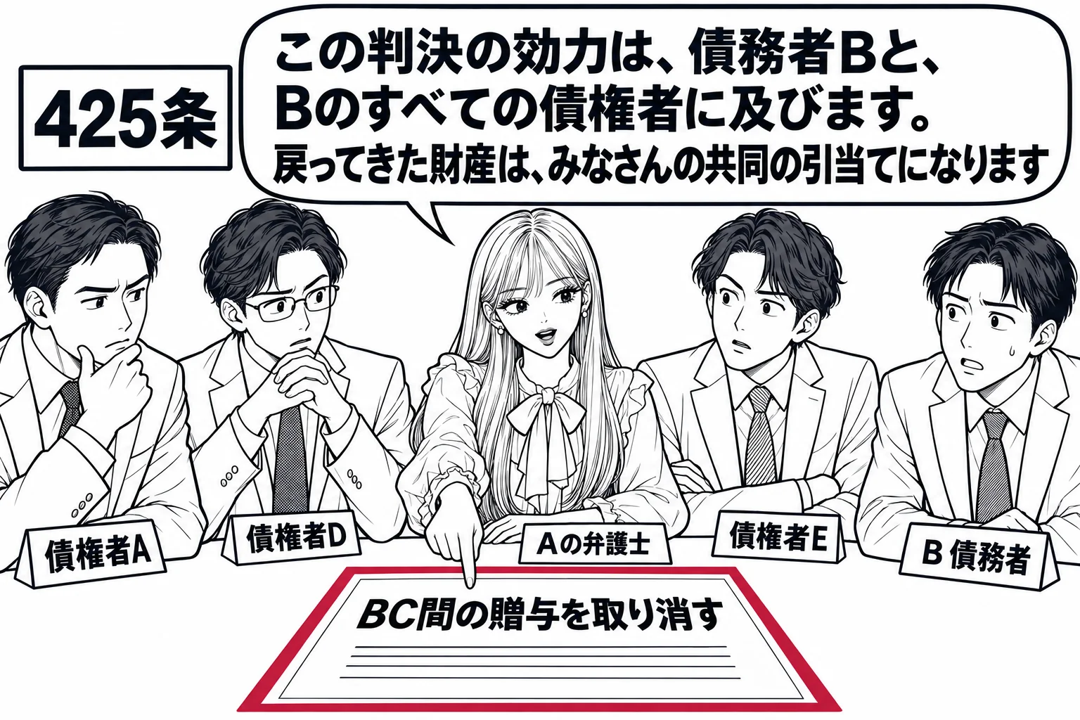 会議室の場面。長机の上に判決書（「BC間の贈与を取り消す」）が置かれ、その周りに複数の男性（札「債権者A」「債権者D」「債権者E」）と、男性（札「B 債務者」）が座っている。先生が弁護士役（札「Aの弁護士」）で判決書を示している。先生の吹き
