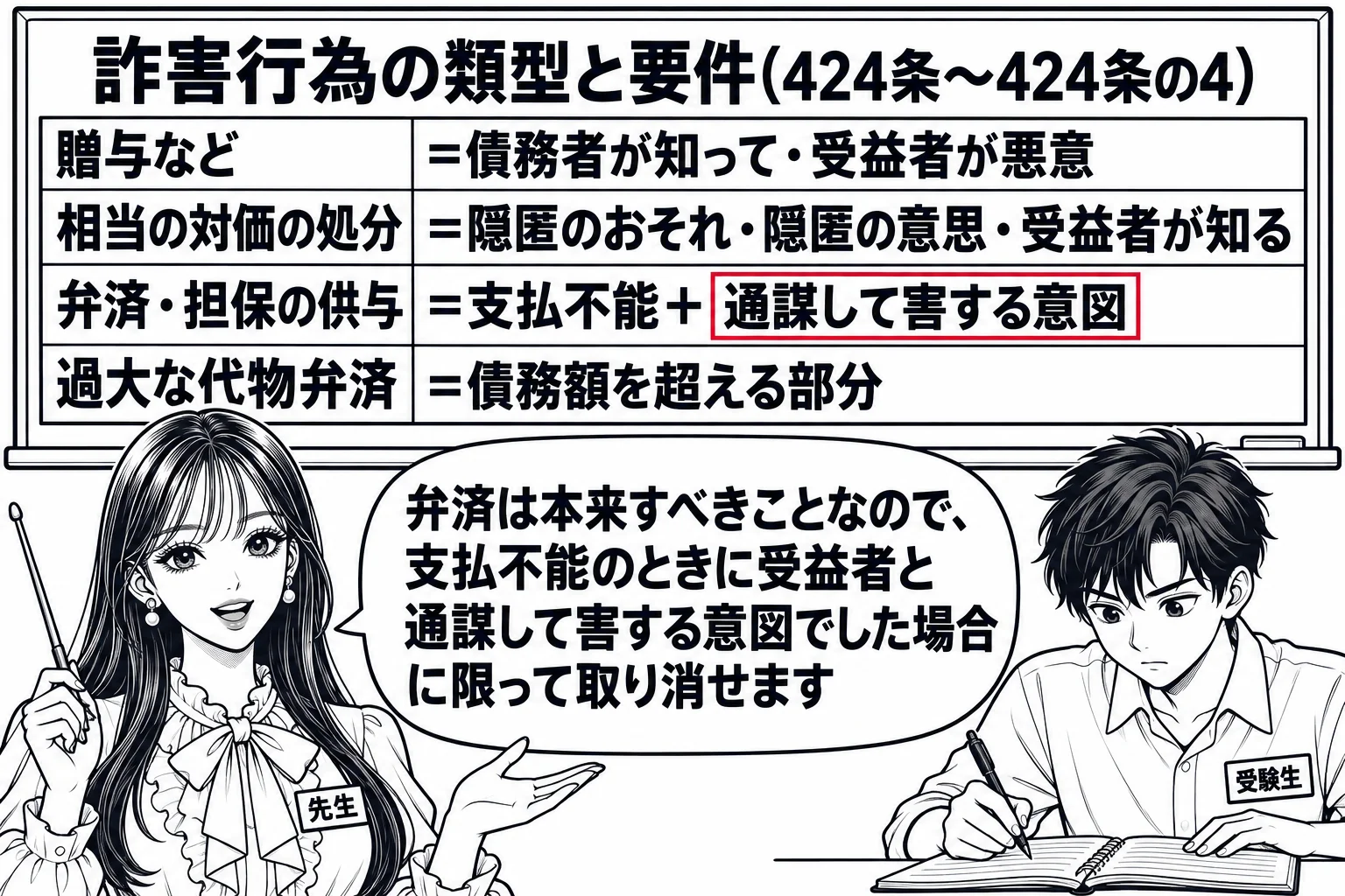教室の場面。先生が教師役（札「先生」）で黒板の前に立つ。黒板に縦に段の並んだ表があり、上から「贈与など＝債務者が知って・受益者が悪意」「相当の対価の処分＝隠匿のおそれ・隠匿の意思・受益者が知る」「弁済・担保の供与＝支払不能＋通謀して害する意