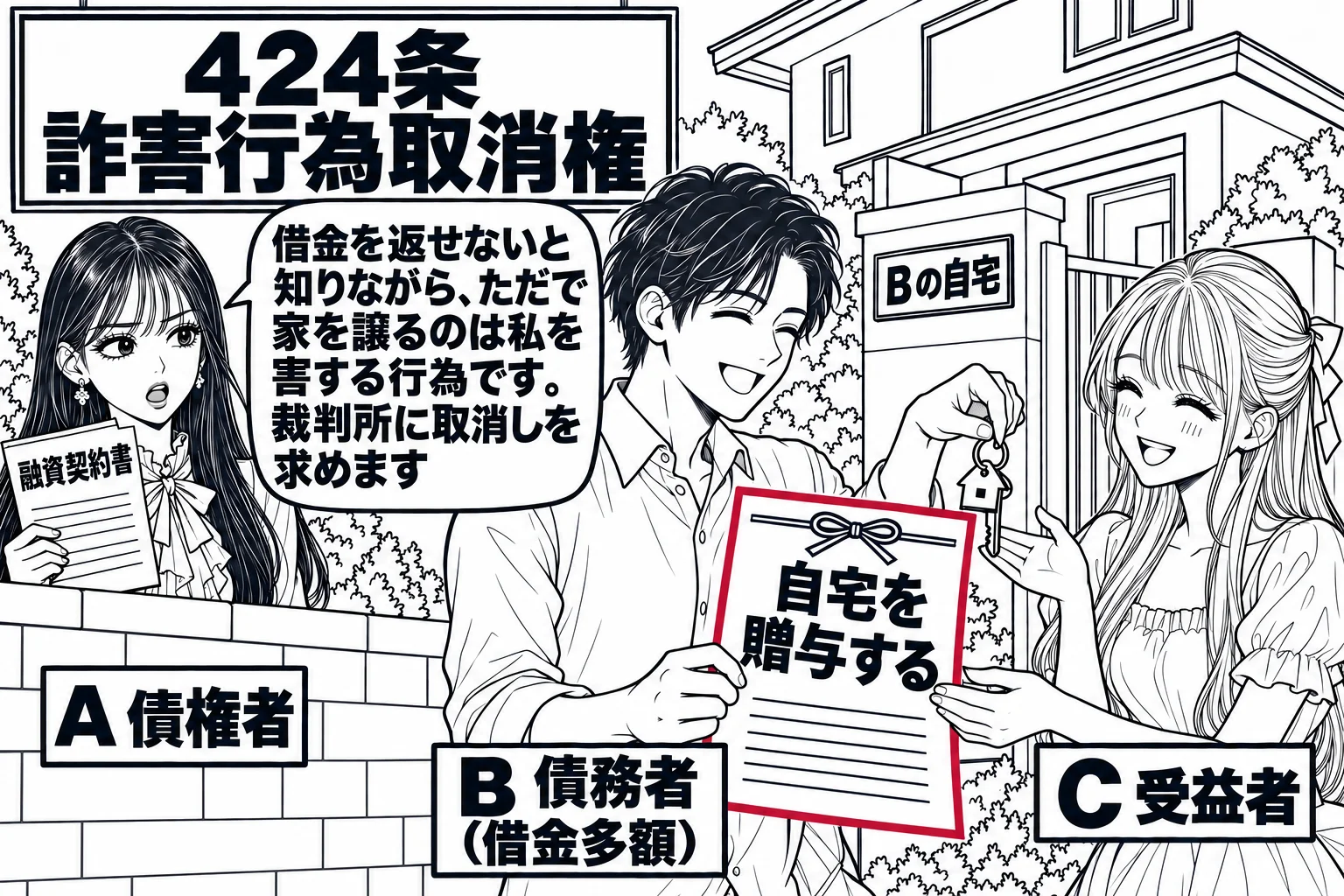 住宅の前の場面。家の表札の横に札「Bの自宅」。男性（札「B 債務者（借金多額）」）が、妻（札「C 受益者」）に家の鍵と贈与契約書（「自宅を贈与する」）を手渡している。少し離れた塀の陰で、先生が債権者役（札「A 債権者」）として融資の契約書を