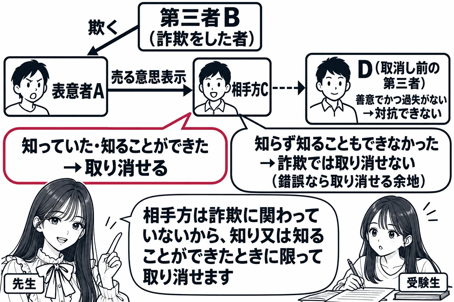 教室の板書の図解。黒板の左に「表意者A」、中央に「相手方C」、上に「第三者B（詐欺をした者）」。BからAへ矢印「欺く」、AからCへ矢印「売る意思表示」。Cの下に二つの吹き出し、左「知っていた・知ることができた→取り消せる」、右「知らず知るこ