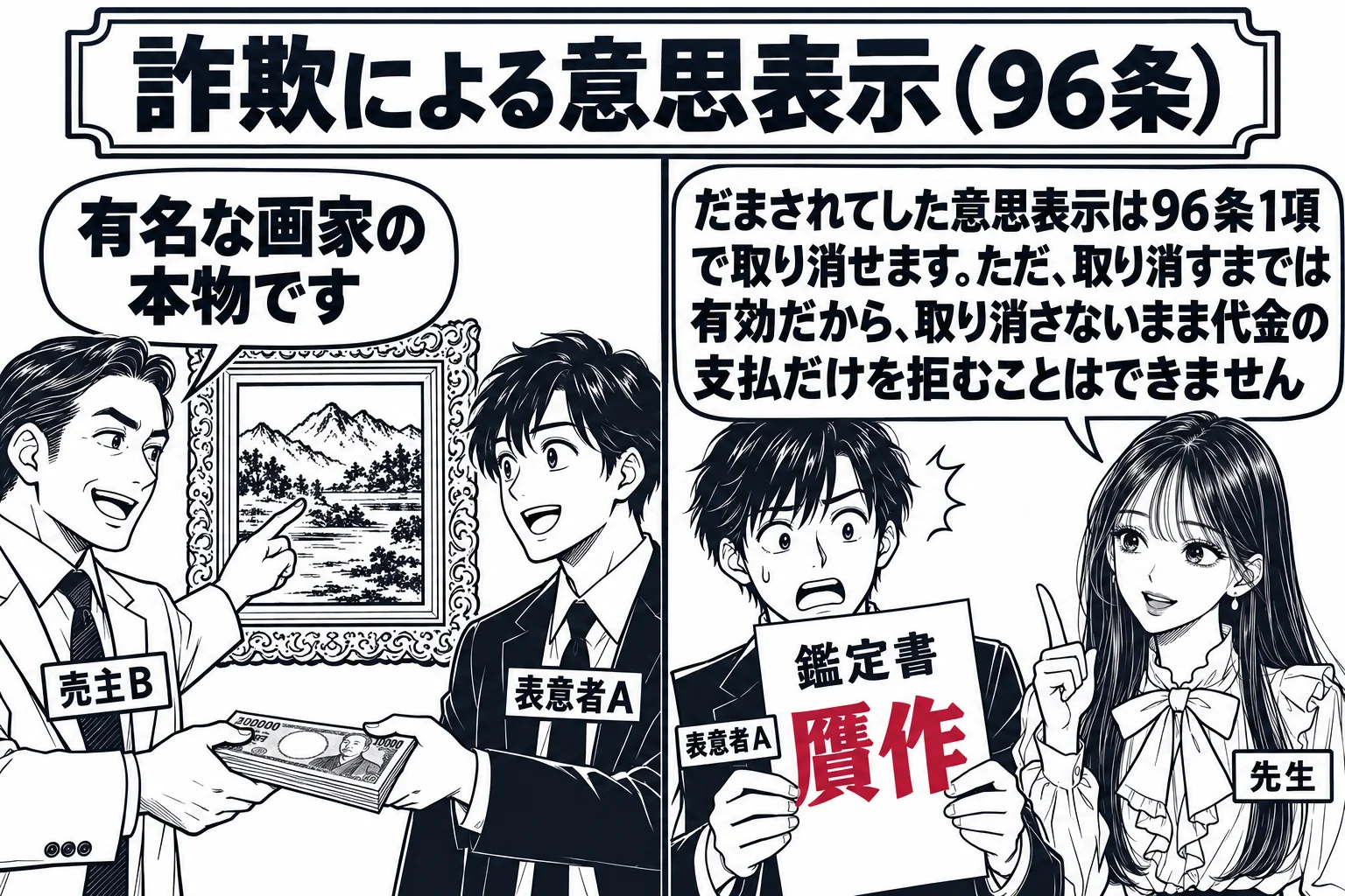 画廊の場面。壁に額縁の絵があり、男性（札「売主B」）が「有名な画家の本物です」と言いながら指さしている。男性（札「表意者A」）が代金を払っている。場面の右半分では、後日、Aが鑑定書「贋作」を手に取り、先生（札「先生」）が横に立っている。先生
