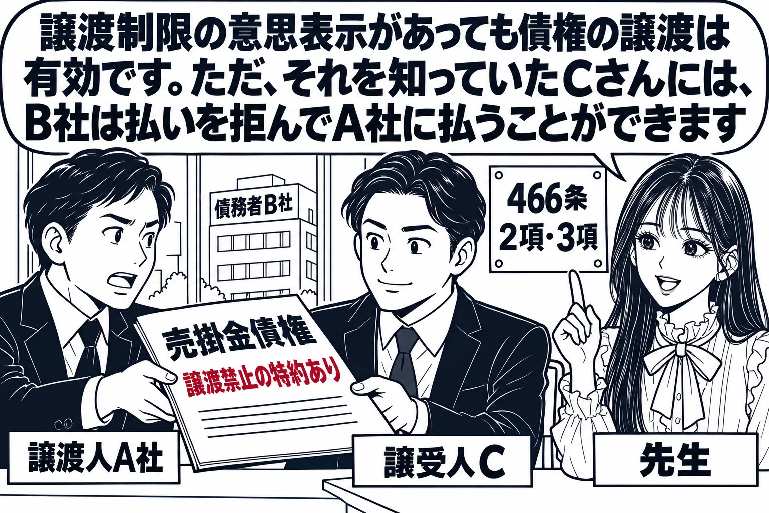 中小企業の事務所の場面。机の上に「売掛金債権 譲渡禁止の特約あり」と書いた契約書。男性（札「譲渡人A社」）が金融業者の男性（札「譲受人C」）に契約書を手渡している。窓の外に取引先のビル（看板「債務者B社」）。先生が説明役（札「先生」）。先生