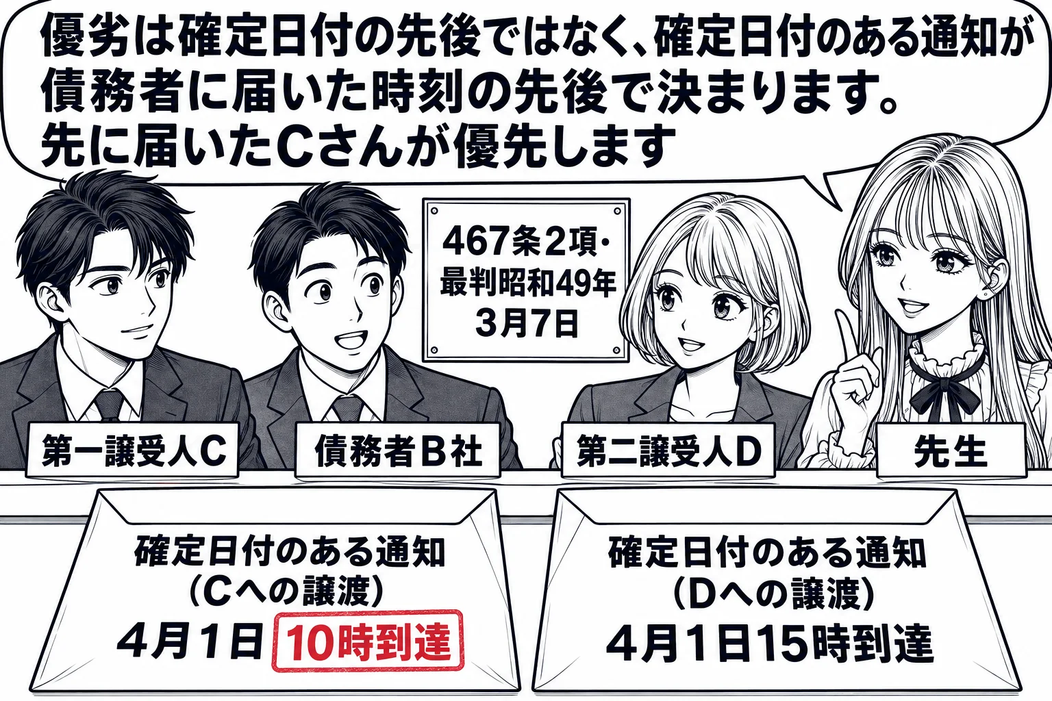 債務者の会社の受付の場面。受付カウンターに男性（札「債務者B社」）。カウンターの上に二通の封筒が並び、一通は「確定日付のある通知（Cへの譲渡）4月1日10時到達」、もう一通は「確定日付のある通知（Dへの譲渡）4月1日15時到達」の印。両脇に