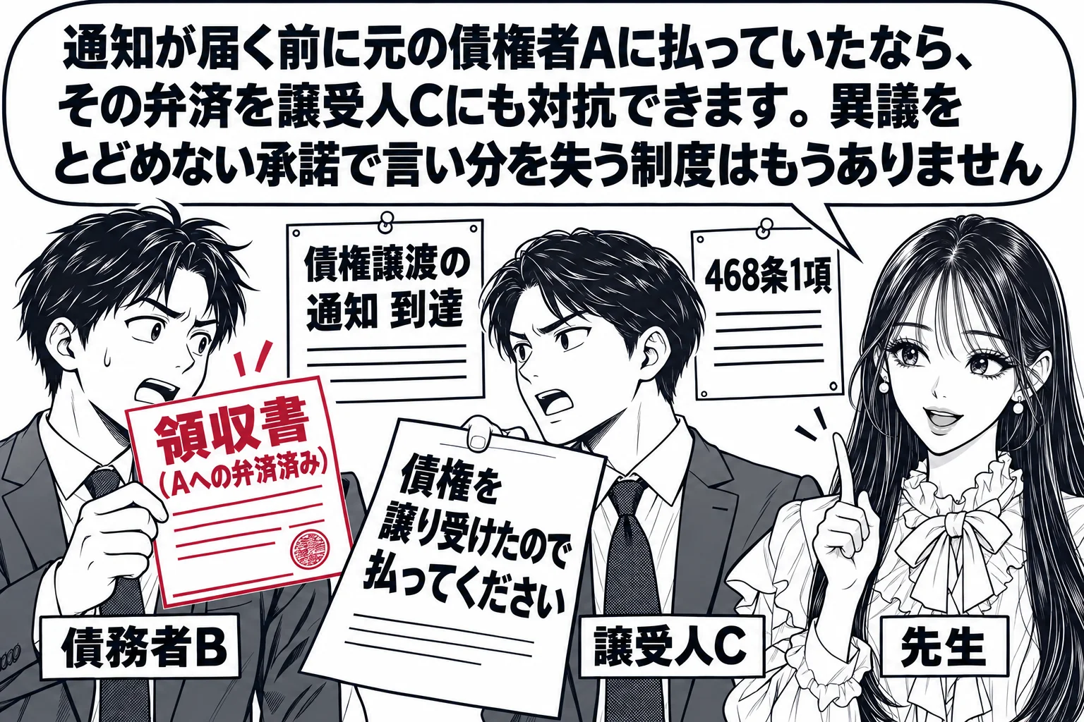 町の工務店の事務所の場面。男性（札「債務者B」）が「領収書（Aへの弁済済み）」を掲げている。向かいに男性（札「譲受人C」）が「債権を譲り受けたので払ってください」と書いた請求書を差し出している。後ろの壁に「債権譲渡の通知 到達」と書いた紙。