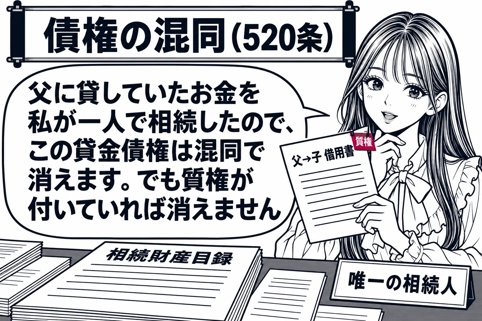 遺産分割協議の座卓の場面。座卓の上に「父→子 借用書」と「相続財産目録」。先生が相続人役（札「唯一の相続人」）で借用書を手に取っている。先生の吹き出し「父に貸していたお金を私が一人で相続したので、この貸金債権は混同で消えます。でも質権が付い