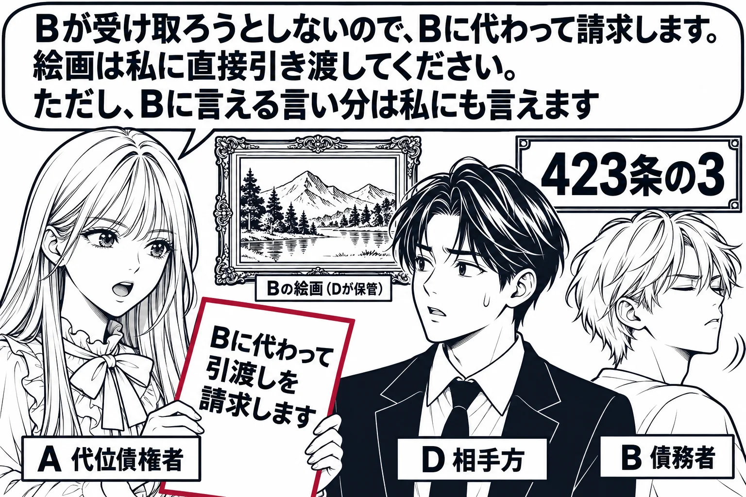 画廊の展示室の場面。壁に一枚の絵画が掛かり、札「Bの絵画（Dが保管）」。男性（札「D 相手方」）が絵の前に立っている。先生が債権者役（札「A 代位債権者」）で、書面（「Bに代わって引渡しを請求します」）を手にしてDに向き合っている。部屋の隅
