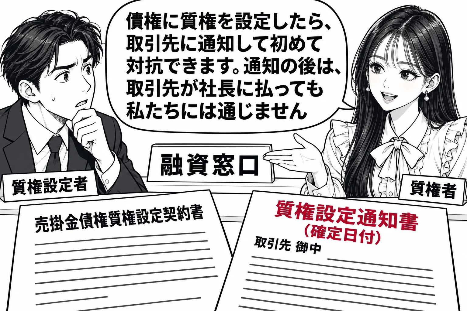銀行の融資窓口の場面。窓口の外に会社の社長の男性（札「質権設定者」）、窓口の内側に先生が銀行員役（札「質権者」）で座る。机の上に「売掛金債権質権設定契約書」と、取引先あての「質権設定通知書（確定日付）」。先生の吹き出し「債権に質権を設定した