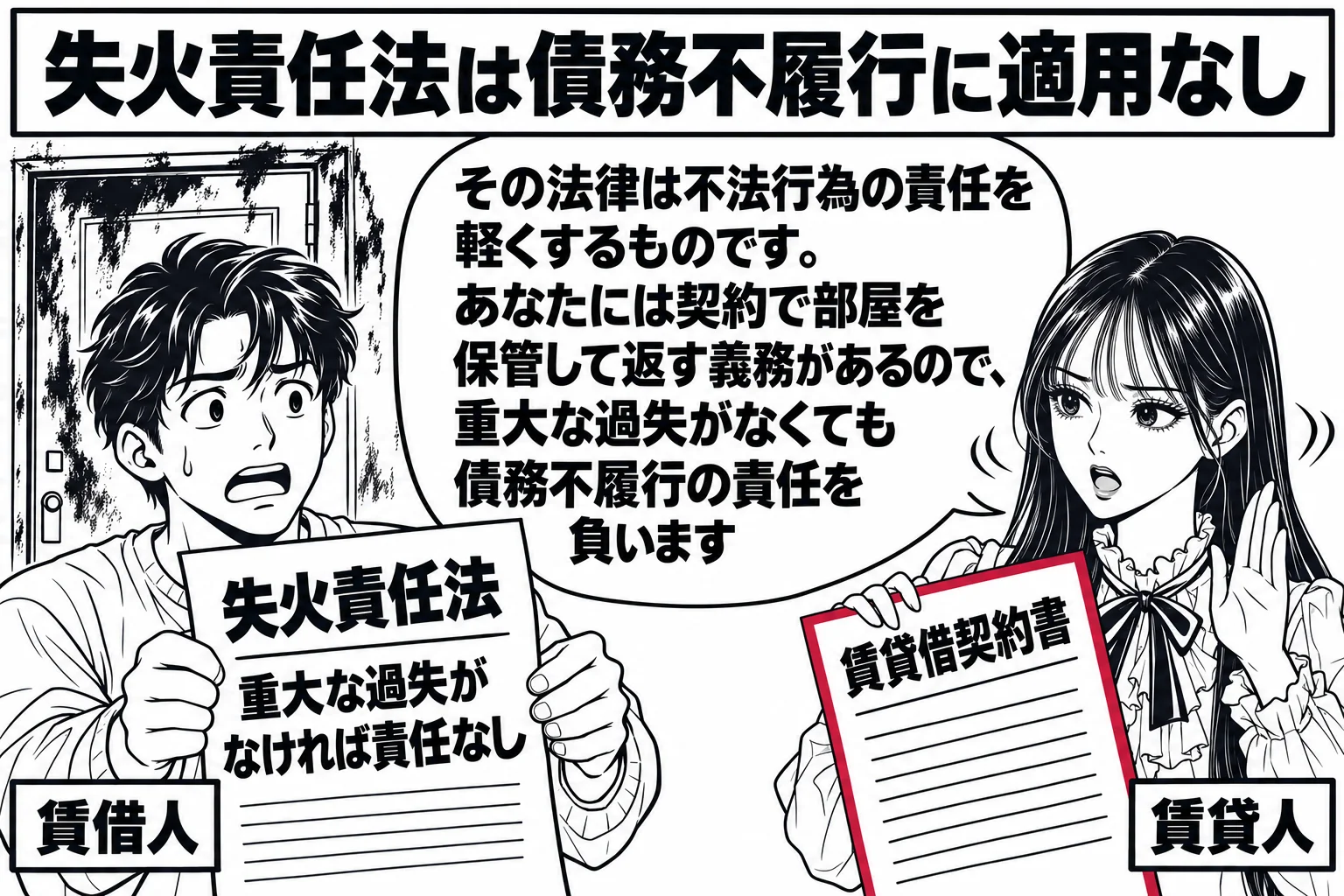 焼けたアパートの一室の前の場面。焦げた扉の前で、男性（札「賃借人」）が書面（「失火責任法 重大な過失がなければ責任なし」）を差し出している。先生が賃貸人役（札「賃貸人」）で、賃貸借契約書を手に首を横に振っている。先生の吹き出し「その法律は不