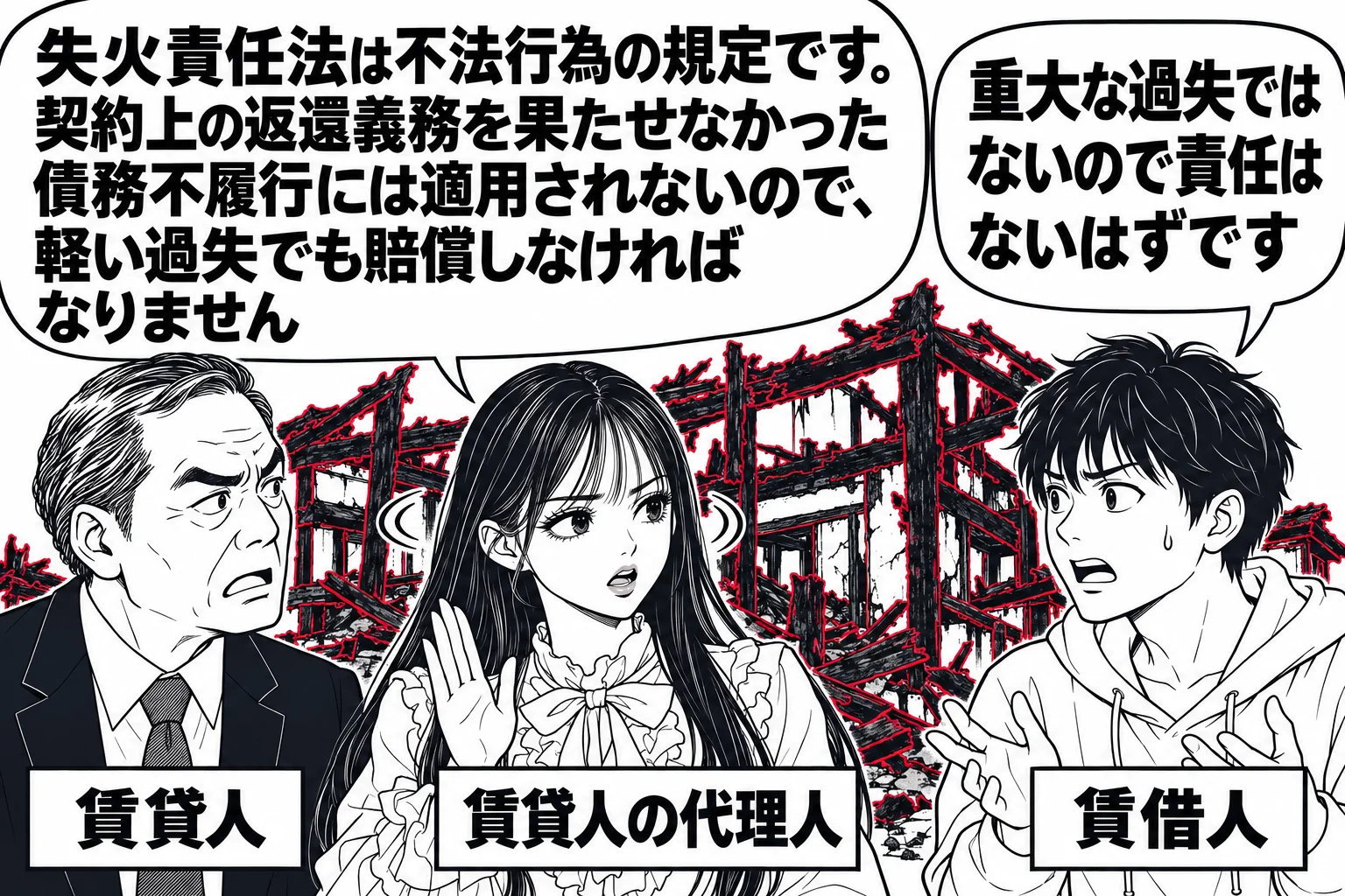 焼けた賃貸住宅の前の場面。焼け跡の前で家主（札「賃貸人」）と借主（札「賃借人」）が向き合っている。借主が「重大な過失ではないので責任はないはずです」と言っている。先生が家主の横に立ち（札「賃貸人の代理人」）、首を横に振っている。先生の吹き出