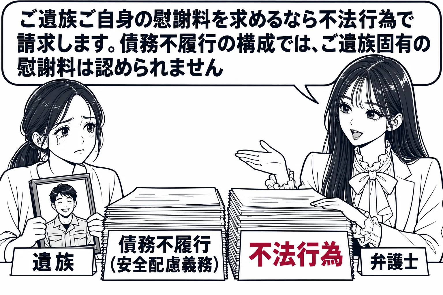 法律事務所の相談室の場面。机の上に二つの書類の束が並び、左に「債務不履行（安全配慮義務）」、右に「不法行為」の札。工場の作業服を着た写真立てを持った遺族の女性（札「遺族」）が座り、先生が弁護士役（札「弁護士」）で右の束に手を置いている。先生