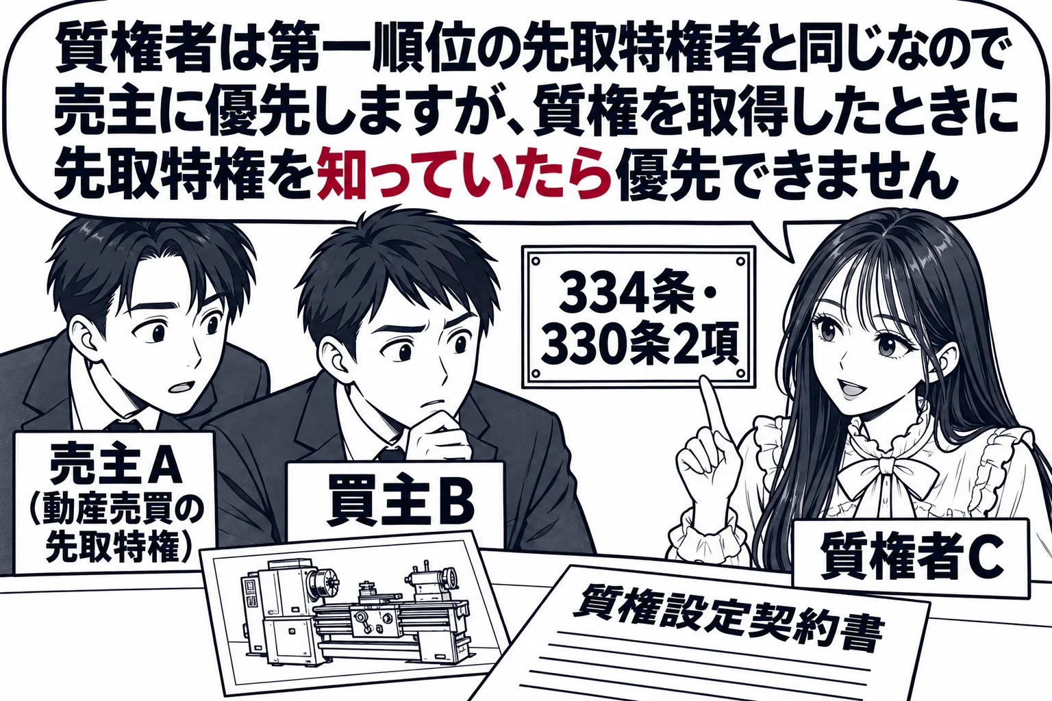 質店のカウンターの場面。カウンターの上に工作機械の写真と「質権設定契約書」。客の男性（札「買主B」）の後ろから、家電商社の男性（札「売主A（動産売買の先取特権）」）がのぞき込んでいる。店主役の先生（札「質権者C」）がカウンターの内側に立つ。