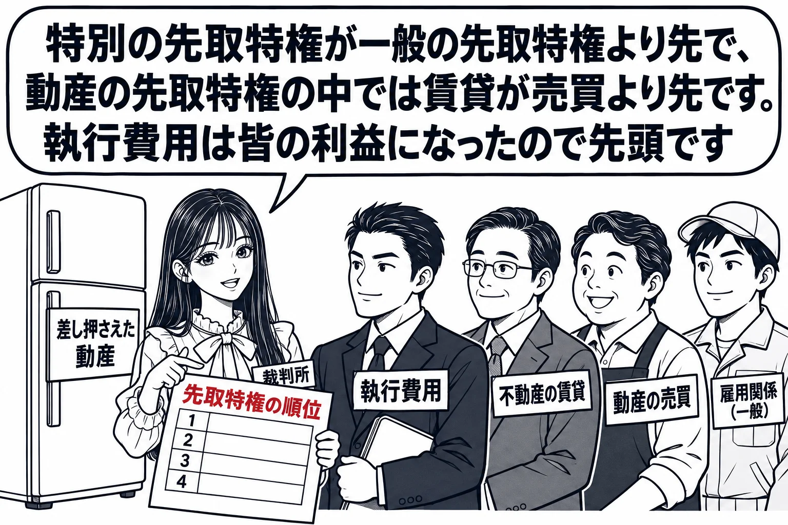 倒産した会社の事務所で、冷蔵庫（札「差し押さえた動産」）の前に人が並ぶ場面。先頭に執行官（札「執行費用」）、次に大家の男性（札「不動産の賃貸」）、その後ろに家電店の男性（札「動産の売買」）、最後に作業着の男性（札「雇用関係（一般）」）。先生