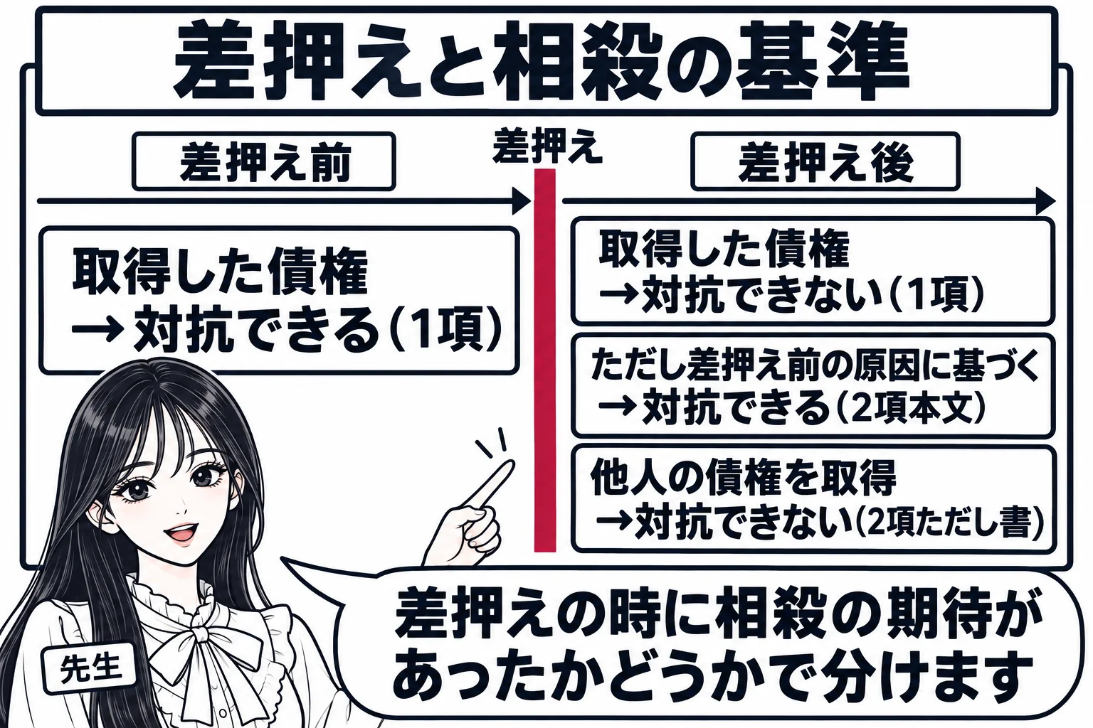 板書の図解。黒板に左から右への時間の矢印があり、中央に「差押え」の縦線。左側（差押え前）に「取得した債権→対抗できる（1項）」、右側（差押え後）に「取得した債権→対抗できない（1項）」「ただし差押え前の原因に基づく→対抗できる（2項本文）」