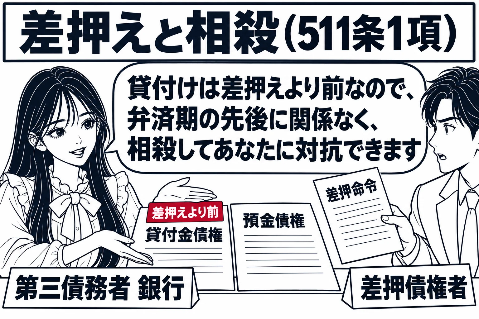 銀行の融資窓口の場面。先生が銀行員役（札「第三債務者 銀行」）で、机の上に「貸付金債権」と「預金債権」の二枚の書類を並べている。前に男性（札「差押債権者」）が「差押命令」の紙を差し出している。先生の吹き出し「貸付けは差押えより前なので、弁済