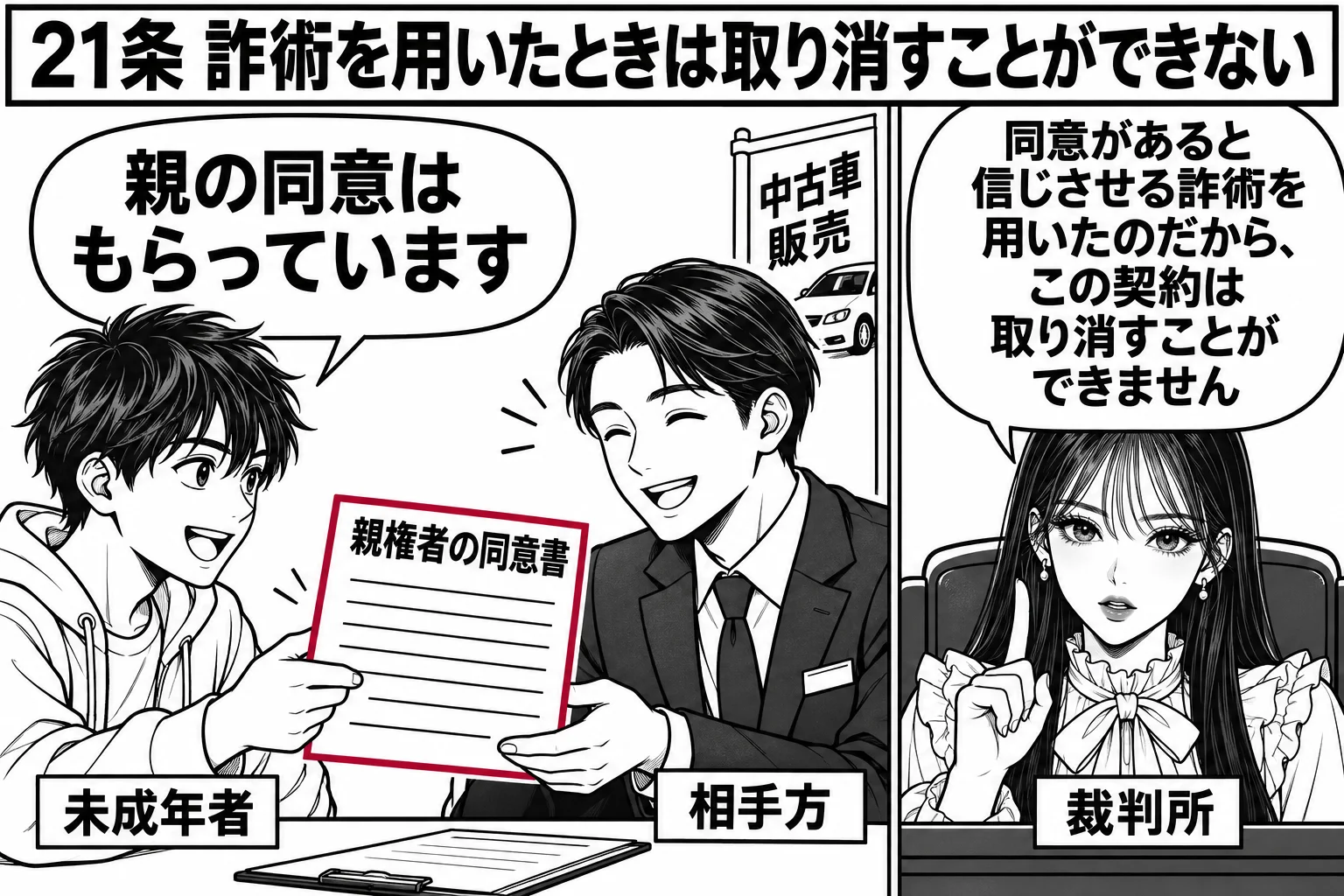 中古車販売店の商談席。若い男性（札「未成年者」）が偽の書類（見出し「親権者の同意書」）を差し出し、吹き出し「親の同意はもらっています」。向かいの店員（札「相手方」）がうなずいている。後日の場面として右側に先生が裁判官役（札「裁判所」）で立ち