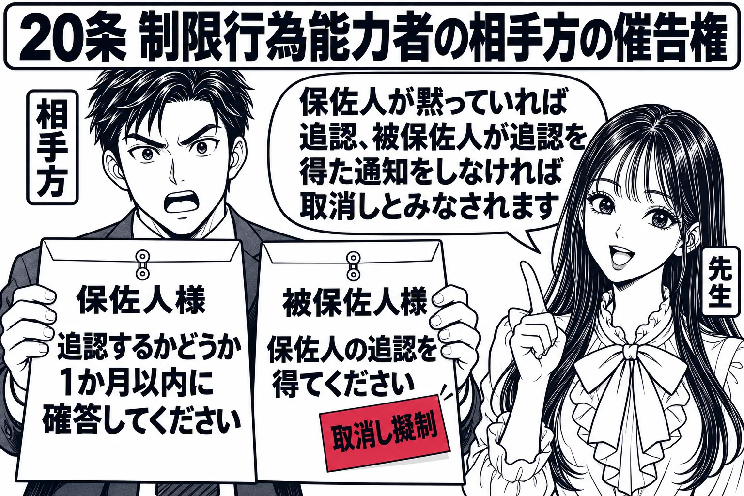 家電量販店の事務所の場面。店長の男性（札「相手方」）が二通の催告書を手にしている。左の封筒の宛名は「保佐人様 追認するかどうか1か月以内に確答してください」、右の封筒の宛名は「被保佐人様 保佐人の追認を得てください」。先生が教師役（札「先生