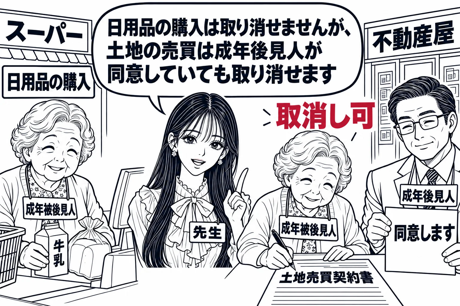 商店街の場面。左はスーパーのレジで、高齢の女性（札「成年被後見人」）が牛乳とパンを買っている。レジの上の札「日用品の購入」。右は不動産屋の店先で、同じ女性が土地の売買契約書に署名し、横に男性（札「成年後見人」）が「同意します」と書いた紙を持
