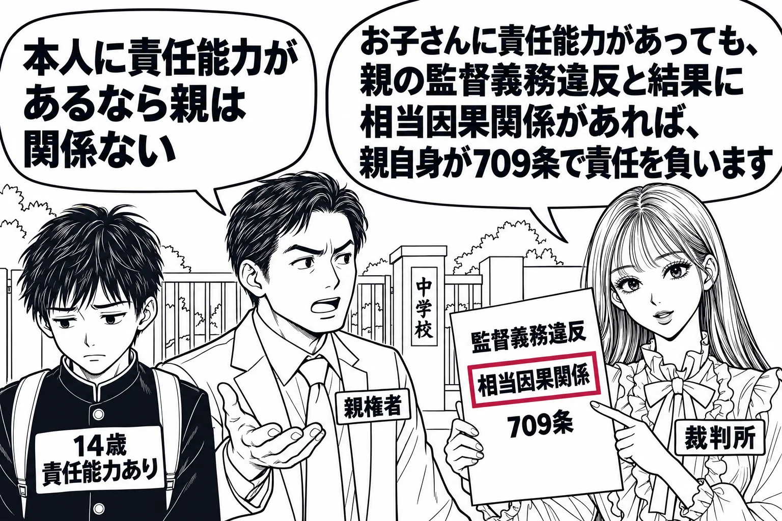 中学校の校門の前の場面。制服の中学生（札「14歳 責任能力あり」）がうつむいて立っている。その横で父親（札「親権者」）が「本人に責任能力があるなら親は関係ない」と言っている。先生が裁判官役（札「裁判所」）で書面を示している。先生の吹き出し「