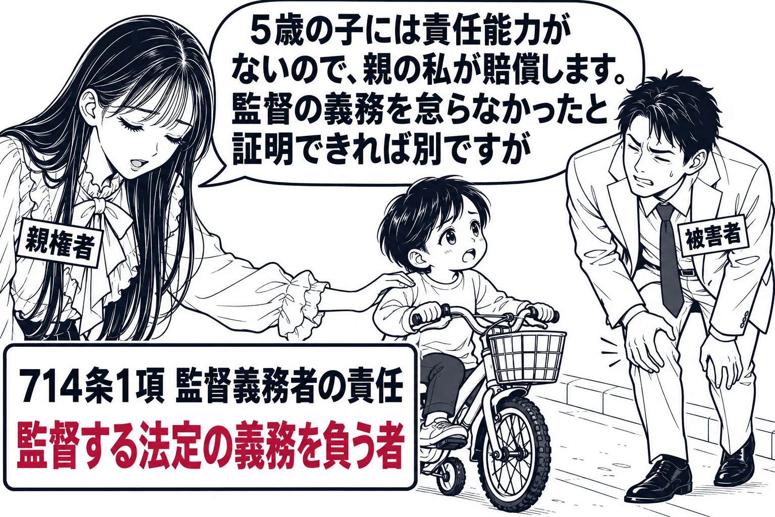 歩道の場面。補助輪付きの自転車に乗った幼児が歩行者の男性（札「被害者」）にぶつかってしまい、男性が膝を押さえている。先生が親役（札「親権者」）で幼児の肩に手を置き、男性に頭を下げている。先生の吹き出し「5歳の子には責任能力がないので、親の私