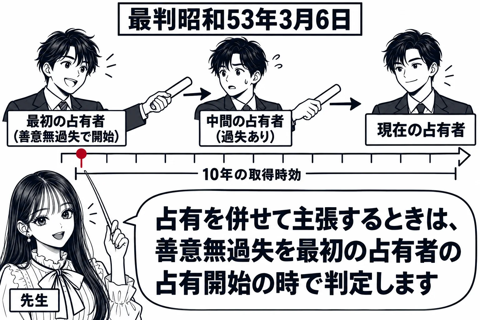 時間の流れの帯の図解。帯の上に左から「最初の占有者（善意無過失で開始）」「中間の占有者（過失あり）」「現在の占有者」の三人が並び、占有のバトンを手渡している。帯の下に「10年の取得時効」の物差し。先生が説明役（札「先生」）で最初の占有者の開