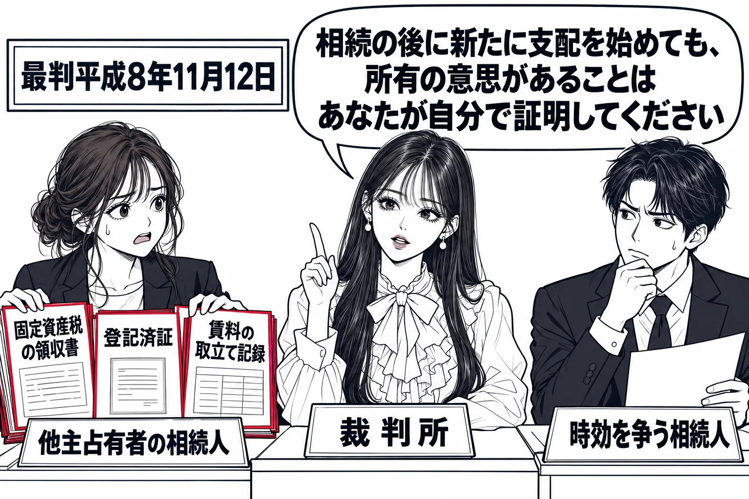 法廷の場面。原告席に女性（札「他主占有者の相続人」）が「固定資産税の領収書」「登記済証」「賃料の取立て記録」の書類を机に並べている。被告席に男性（札「時効を争う相続人」）。裁判官席に先生が裁判官役（札「裁判所」）。先生の吹き出し「相続の後に