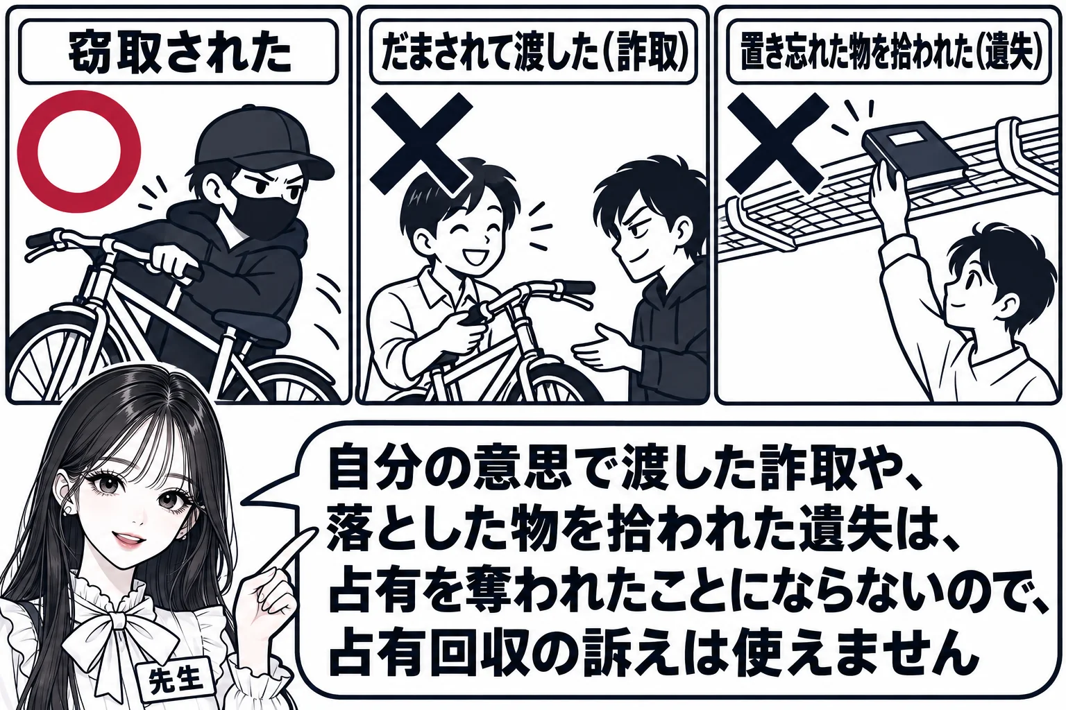 三つの場面を並べた板書の図解。左の枠「窃取された」には泥棒が自転車を持ち去る絵と大きな丸印、中央の枠「だまされて渡した（詐取）」には笑顔で自転車を手渡す持ち主の絵と大きなバツ印、右の枠「置き忘れた物を拾われた（遺失）」には電車の網棚の本を拾