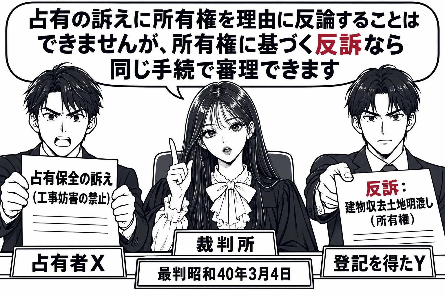 法廷の場面。原告席に男性（札「占有者X」）が「占有保全の訴え（工事妨害の禁止）」の訴状を持ち、被告席に男性（札「登記を得たY」）が「反訴：建物収去土地明渡し（所有権）」の書面を差し出している。裁判官席に先生が裁判官役（札「裁判所」）。先生の