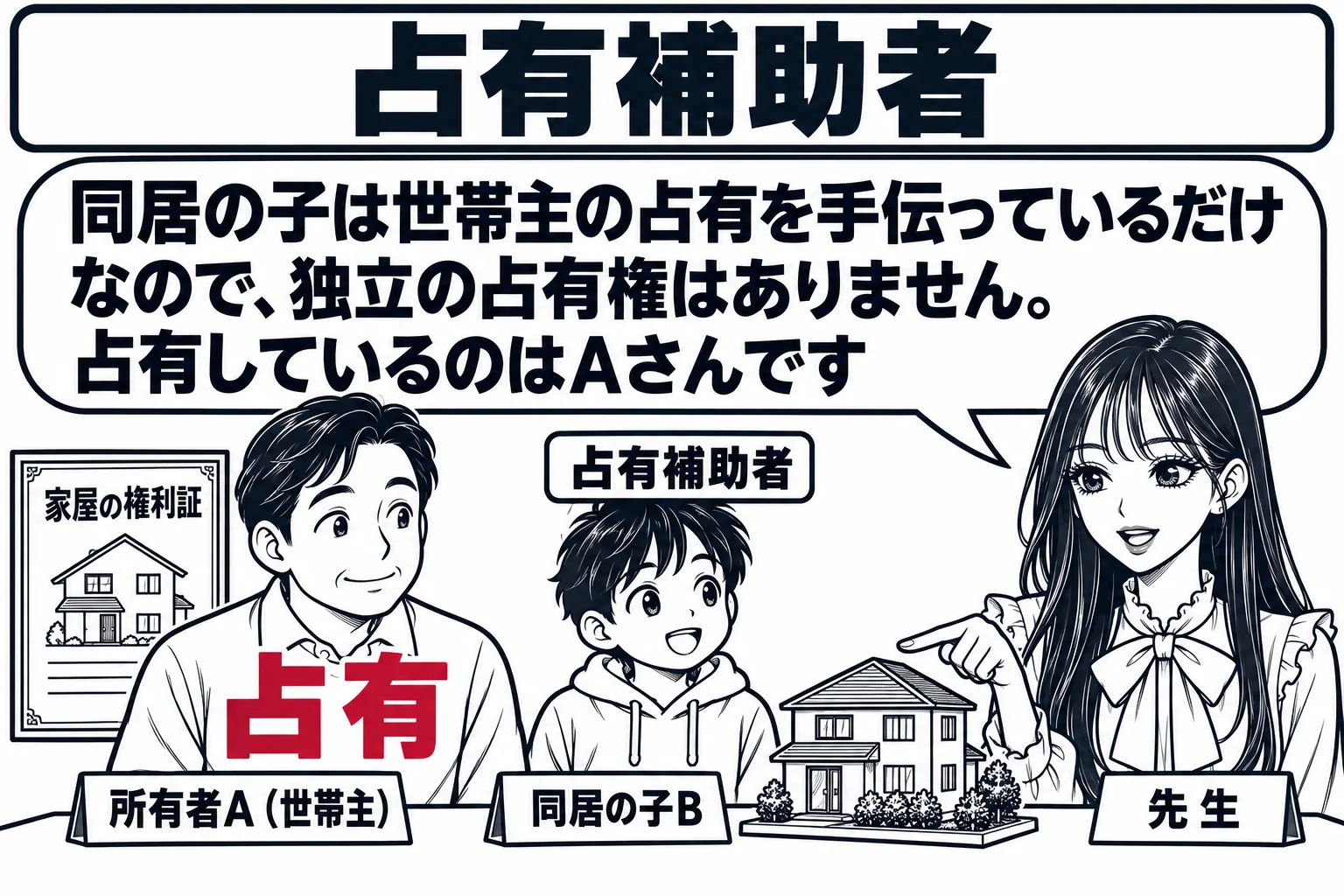 家庭の居間の場面。テーブルの奥に父親（札「所有者A（世帯主）」）、隣に小学生くらいの子（札「同居の子B」）が座っている。壁に家屋の権利証の額。先生が説明役（札「先生」）で横に立ち、家屋の模型を指している。先生の吹き出し「同居の子は世帯主の占