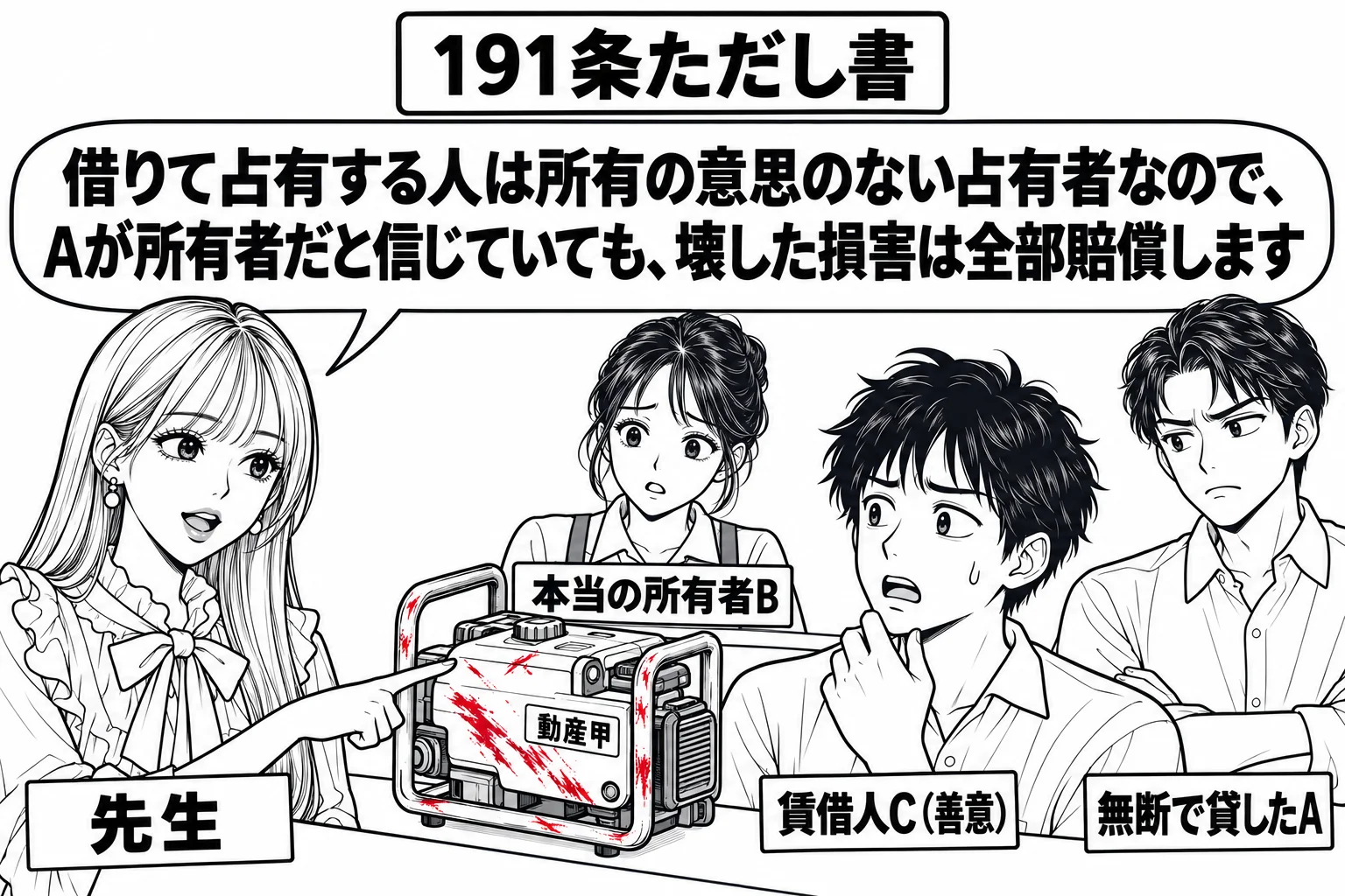 レンタル品の返却カウンターの場面。カウンターに傷のついた機械（札「動産甲」）が置かれ、手前に男性（札「賃借人C（善意）」）、カウンターの奥に女性（札「本当の所有者B」）、横に男性（札「無断で貸したA」）。先生が説明役（札「先生」）で機械の傷