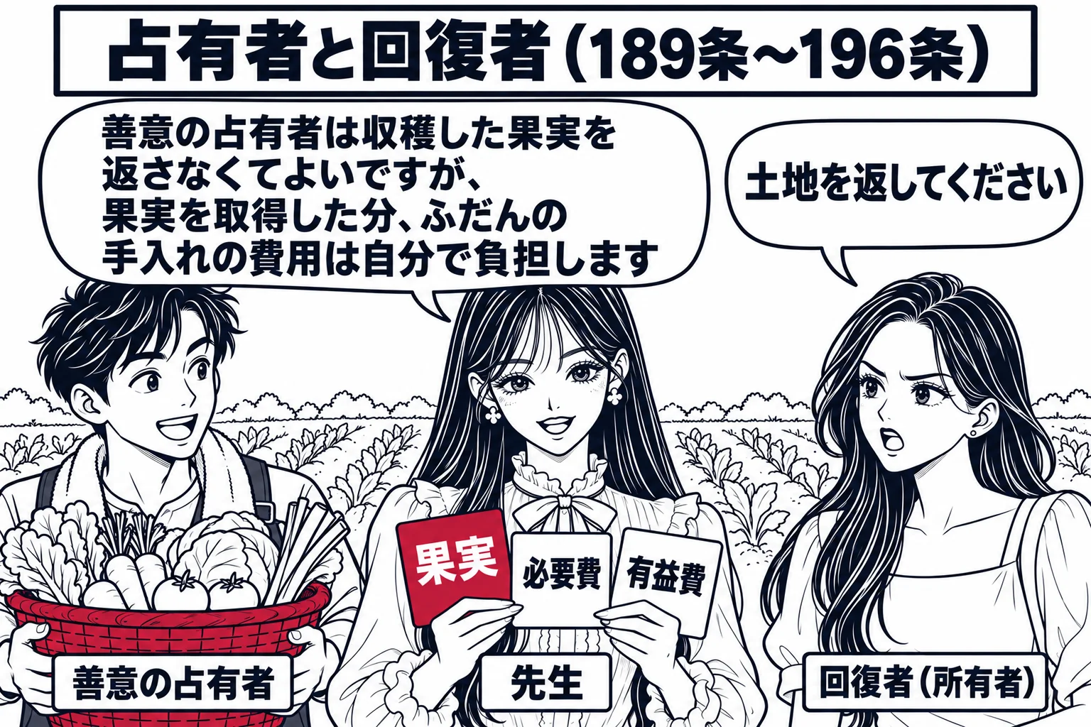 畑の場面。畑の手前に男性（札「善意の占有者」）が収穫した野菜のかごを持って立ち、畑の向こうから女性（札「回復者（所有者）」）が「土地を返してください」と言っている。先生が仲裁役（札「先生」）で二人の間に立ち、手元に「果実」「必要費」「有益費