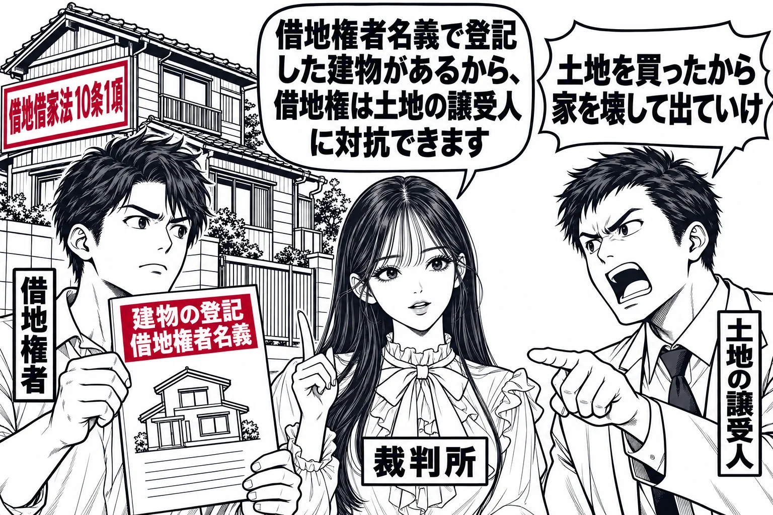 住宅地の一角の場面。借地の上に木造の家が建ち、家の前に男性（札「借地権者」）が登記簿（札「建物の登記　借地権者名義」）を掲げている。土地の新しい買主の男性（札「土地の譲受人」）が「土地を買ったから家を壊して出ていけ」と言っている。先生が裁判