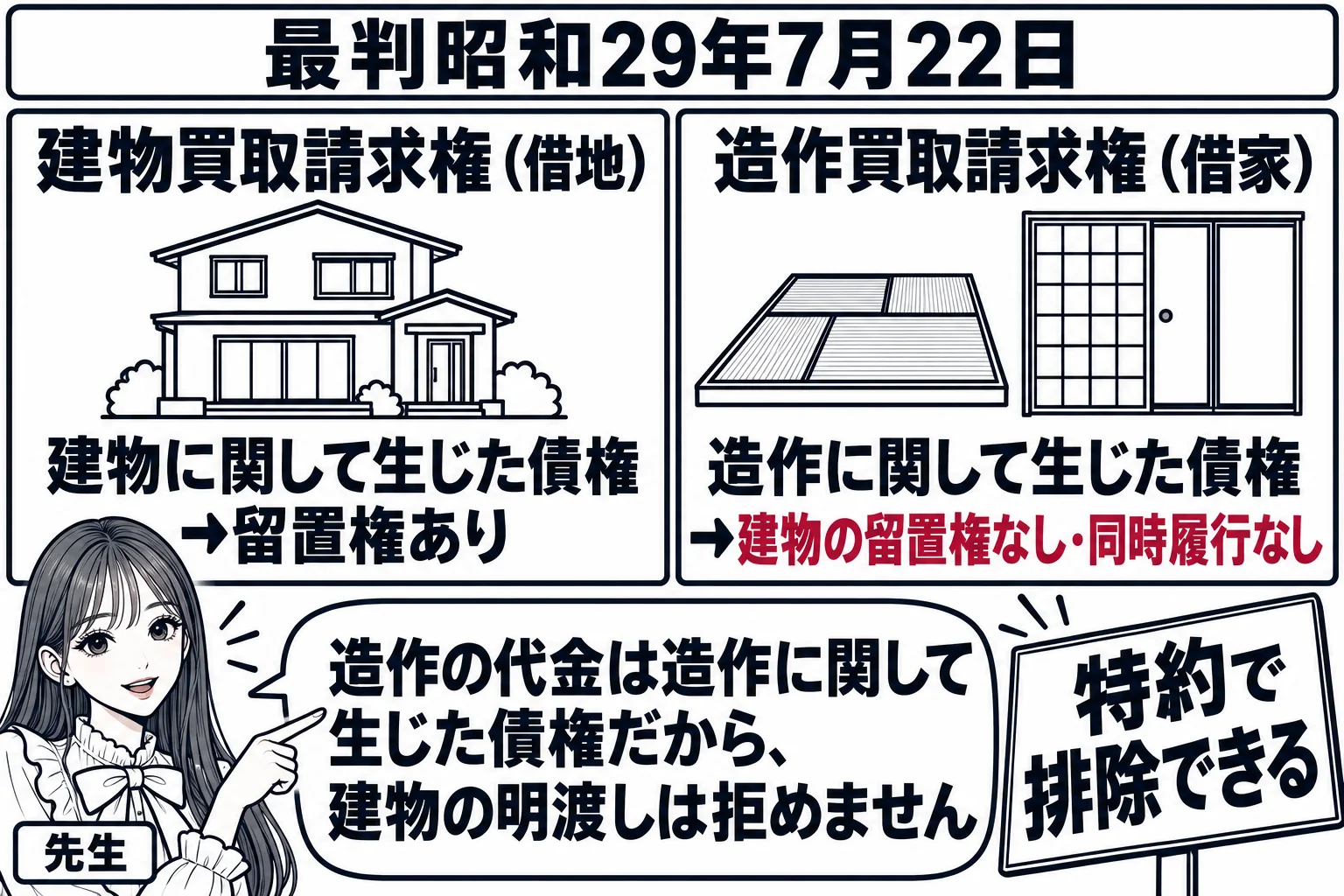 板書の図解。黒板の左に「建物買取請求権（借地）」として建物の絵と「建物に関して生じた債権→留置権あり」、右に「造作買取請求権（借家）」として畳と建具の絵と「造作に関して生じた債権→建物の留置権なし・同時履行なし」。右下に「特約で排除できる」