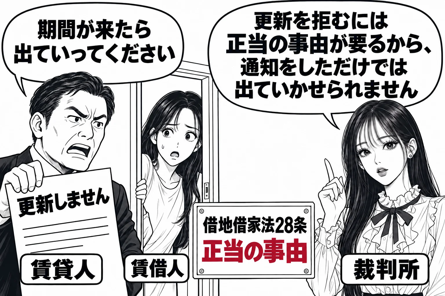 賃貸アパートの一室の前の場面。男性（札「賃貸人」）が通知書（札「更新しません」）を手に「期間が来たら出ていってください」と言い、女性（札「賃借人」）が部屋の中から顔を出している。先生が裁判官役（札「裁判所」）で横に立ち、吹き出し「更新を拒む