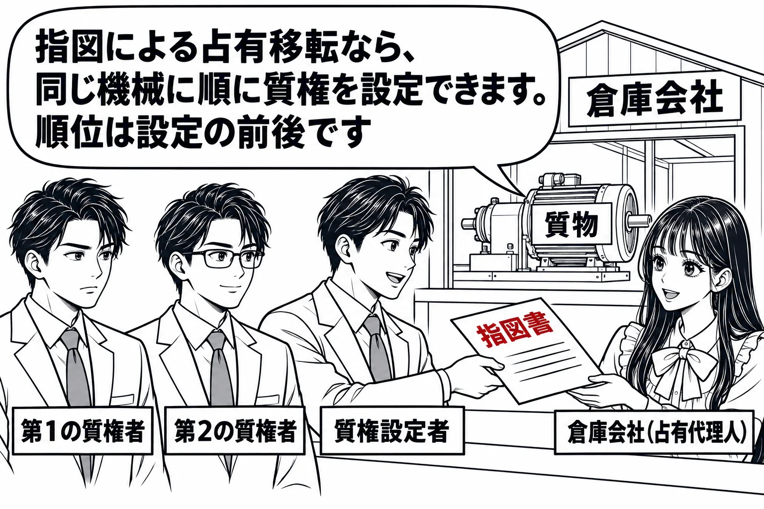 倉庫会社の窓口の場面。倉庫の中に機械（札「質物」）が置かれ、窓口の外に二人の男性（札「第1の質権者」「第2の質権者」）が並ぶ。持ち主の男性（札「質権設定者」）が倉庫会社の担当者に「指図書」を渡している。先生が倉庫会社の担当者役（札「倉庫会社