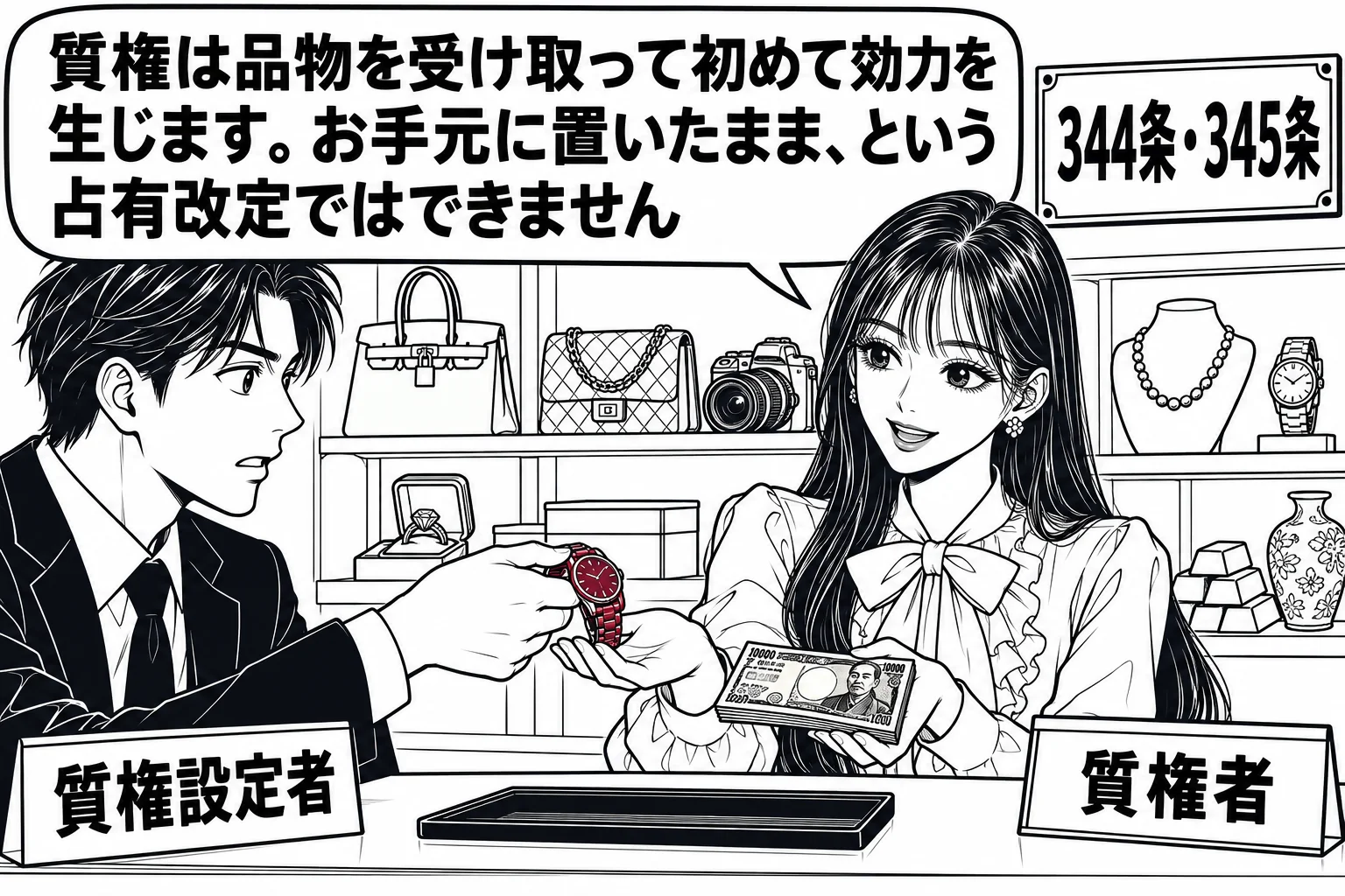 質店のカウンターの場面。客の男性（札「質権設定者」）が腕時計を差し出し、店主役の先生（札「質権者」）が受け取って現金を渡している。カウンターの奥の棚に預かった品物が並ぶ。先生の吹き出し「質権は品物を受け取って初めて効力を生じます。お手元に置
